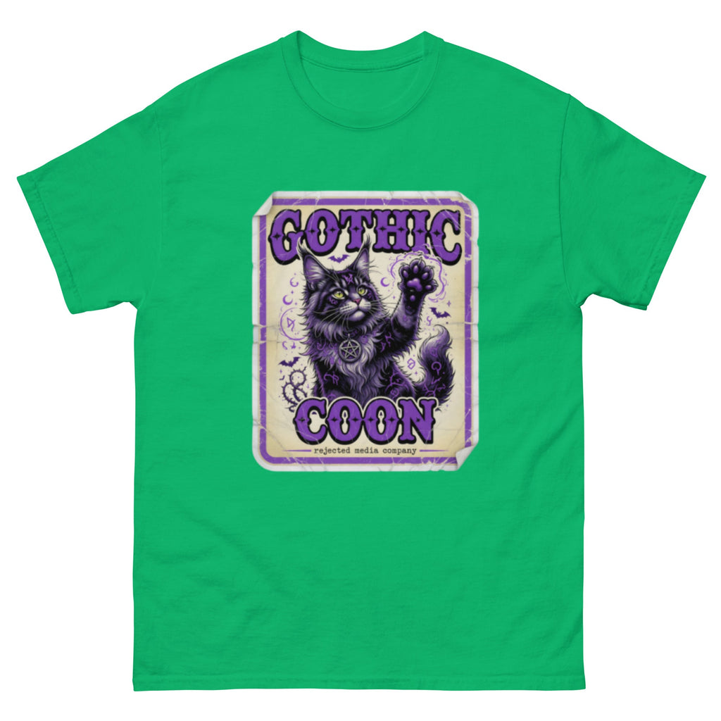Gothic Coon tee — purple and black Maine Coon cat with a pentacle collar and one paw raised, vintage poster frame