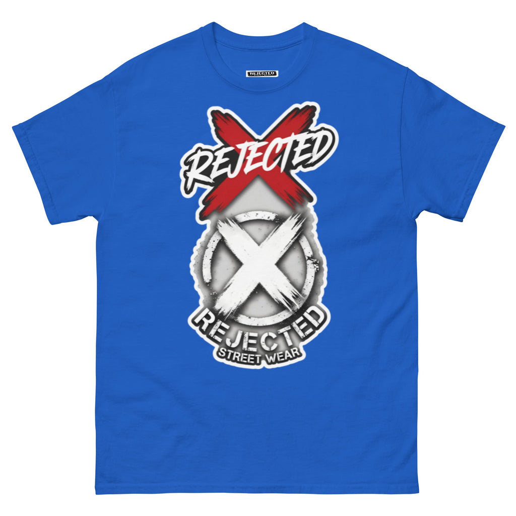 Reject Labels Be Human tee — REJECTED crossed out in red above the X emblem with the word Human underneath