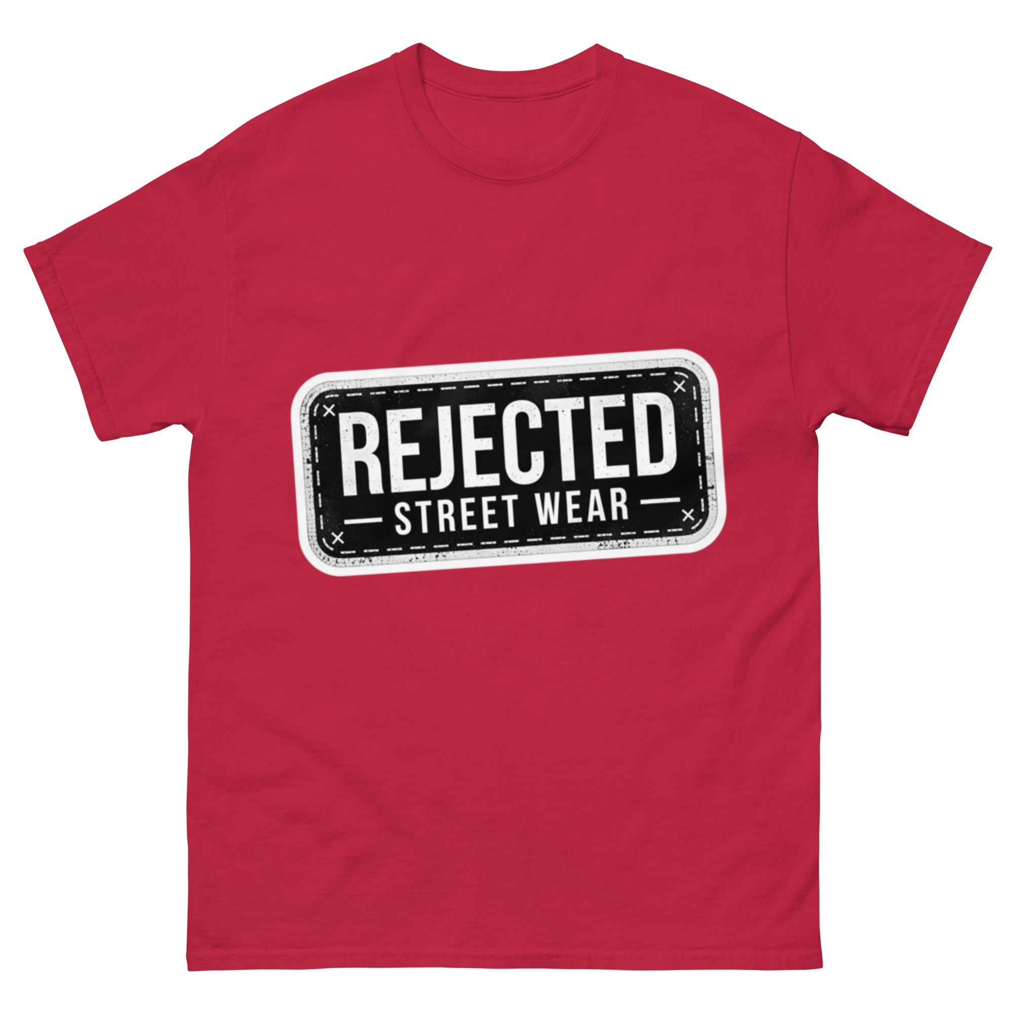 Rejected Street Wear plate logo tee — stamped black plate with a dashed border, corner x marks and REJECTED STREET WEAR inside