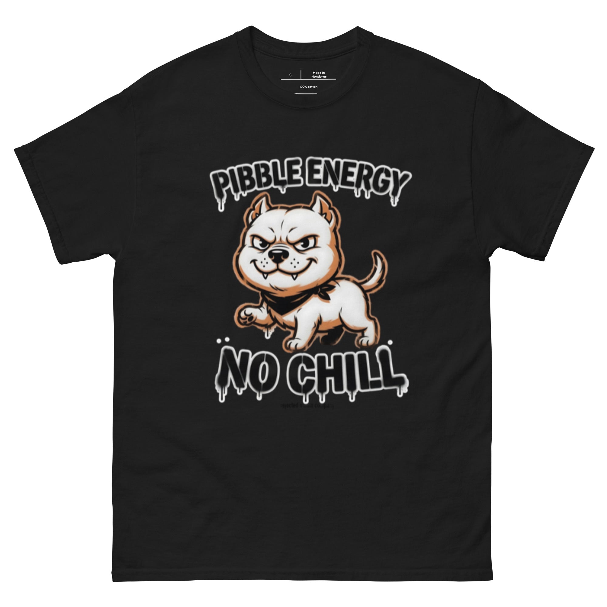 Pibble Energy No Chill tee in black — grinning bully pup at a dead sprint under graffiti lettering