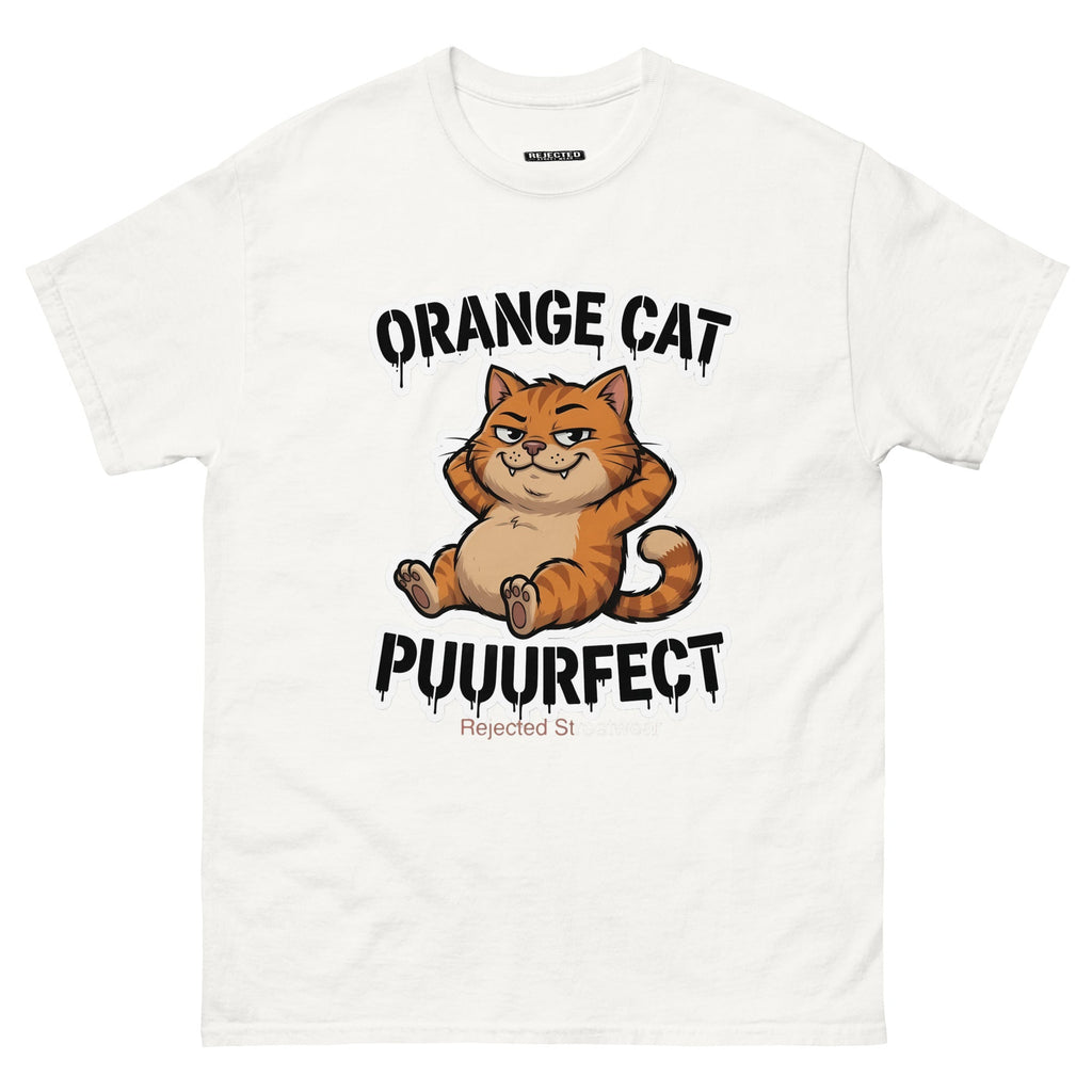 Orange Cat Puuurfect tee — chunky reclined orange tabby under arched drippy graffiti lettering