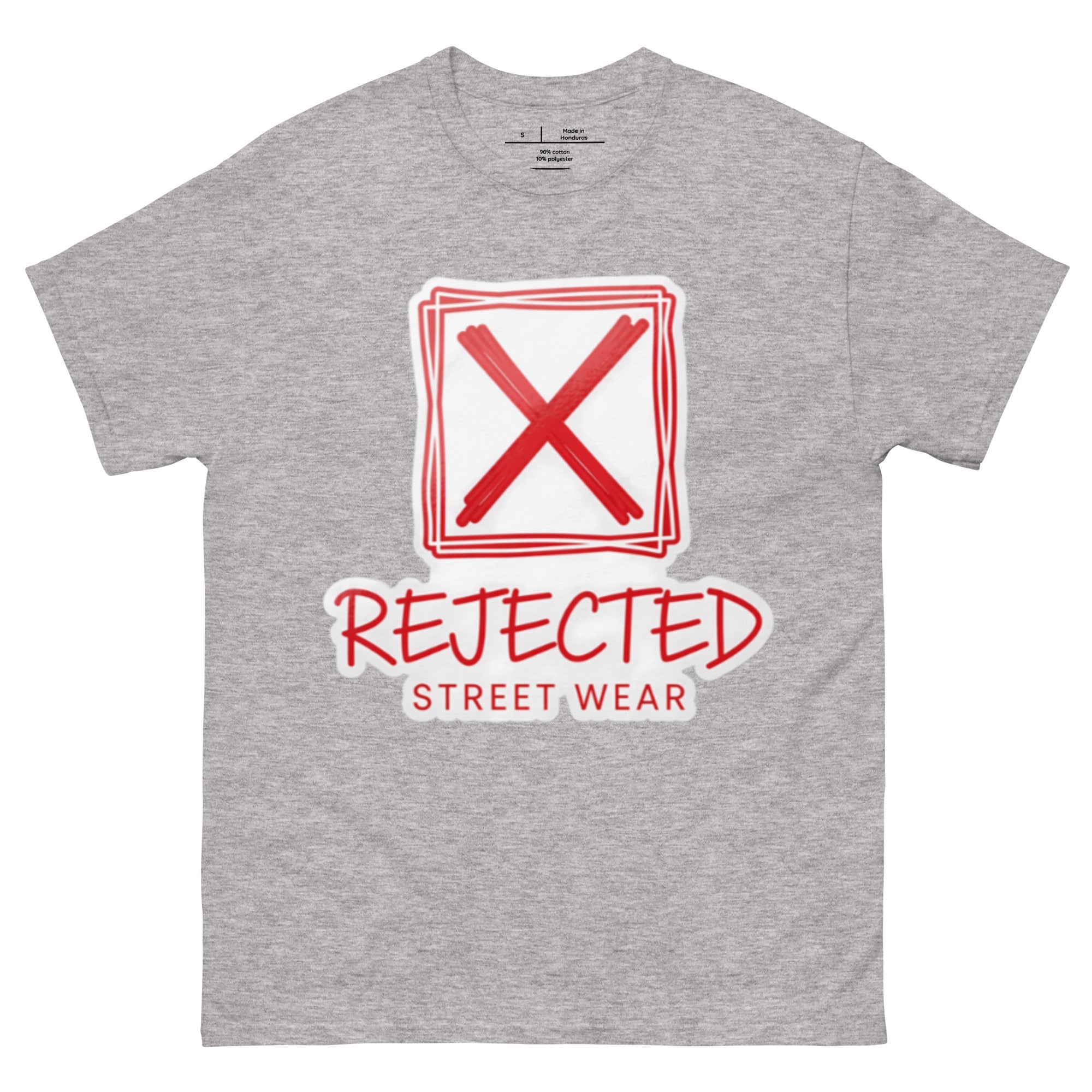 Rejected Street Wear box logo tee — hand-drawn red frame with a brushed X and REJECTED STREET WEAR in red beneath