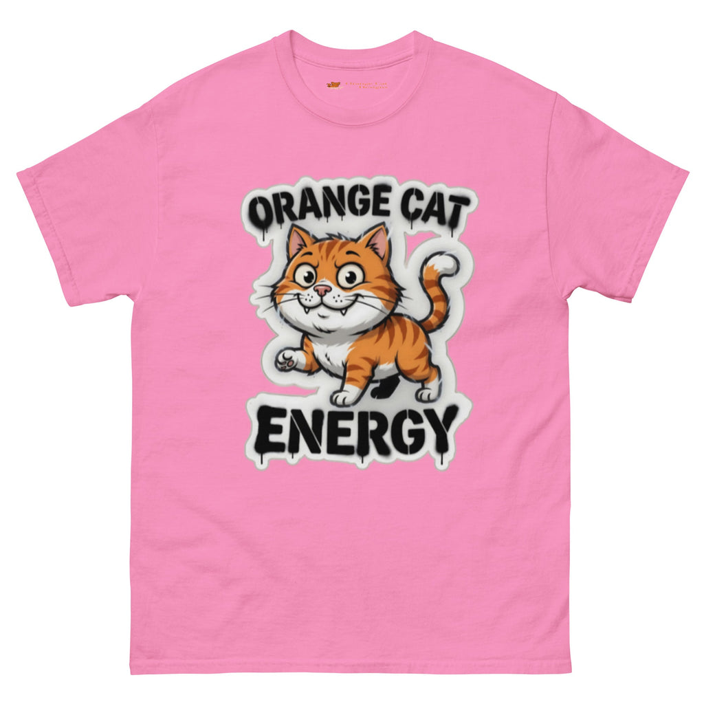 Orange Cat Energy tee — wide-eyed orange tabby mid-launch under drippy graffiti lettering