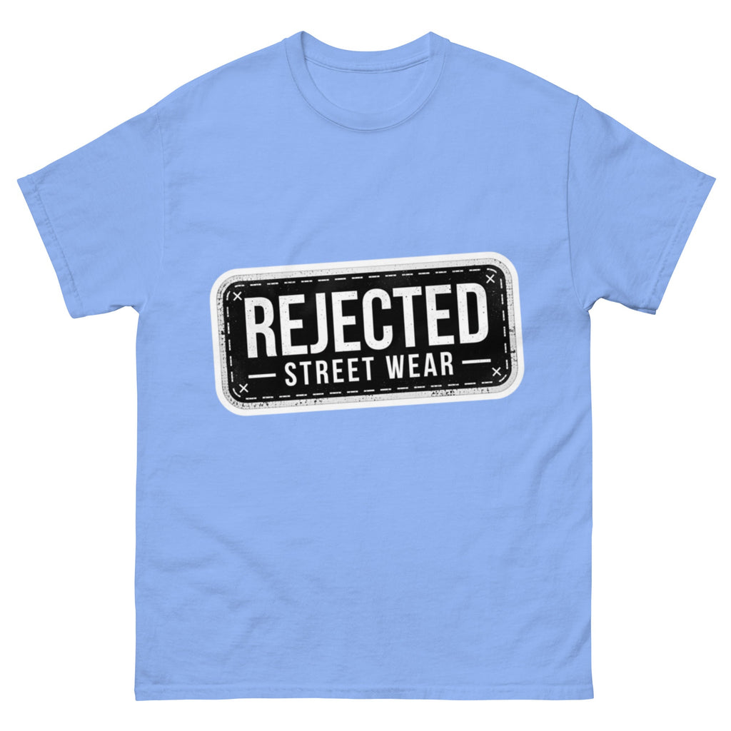 Rejected Street Wear plate logo tee — stamped black plate with a dashed border, corner x marks and REJECTED STREET WEAR inside