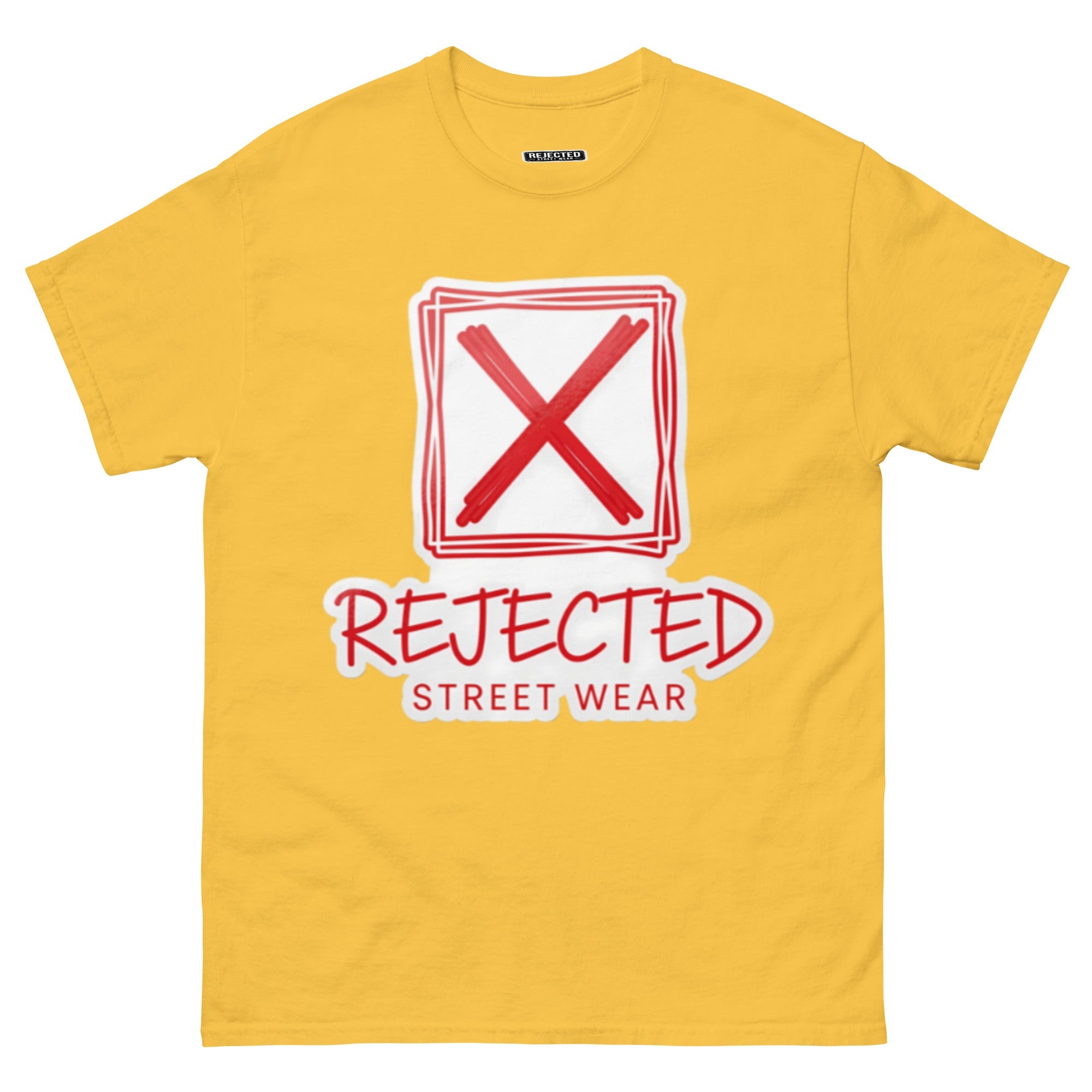 Rejected Street Wear box logo tee — hand-drawn red frame with a brushed X and REJECTED STREET WEAR in red beneath