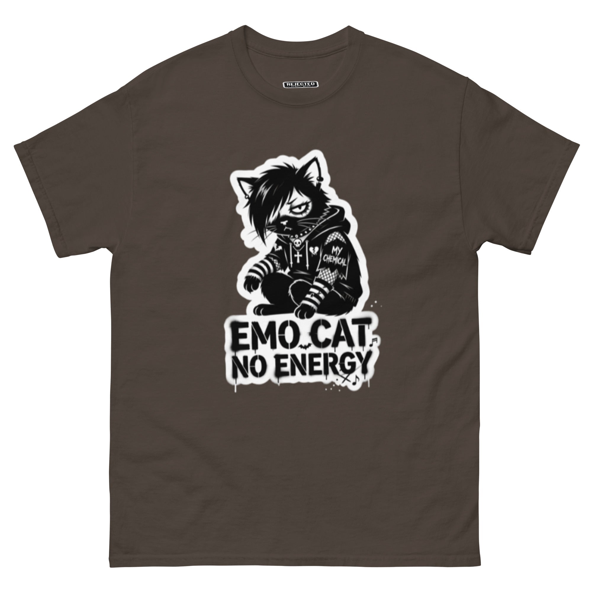Emo Cat No Energy tee — grey cat with side-swept bangs and a patched hoodie under spray-paint lettering