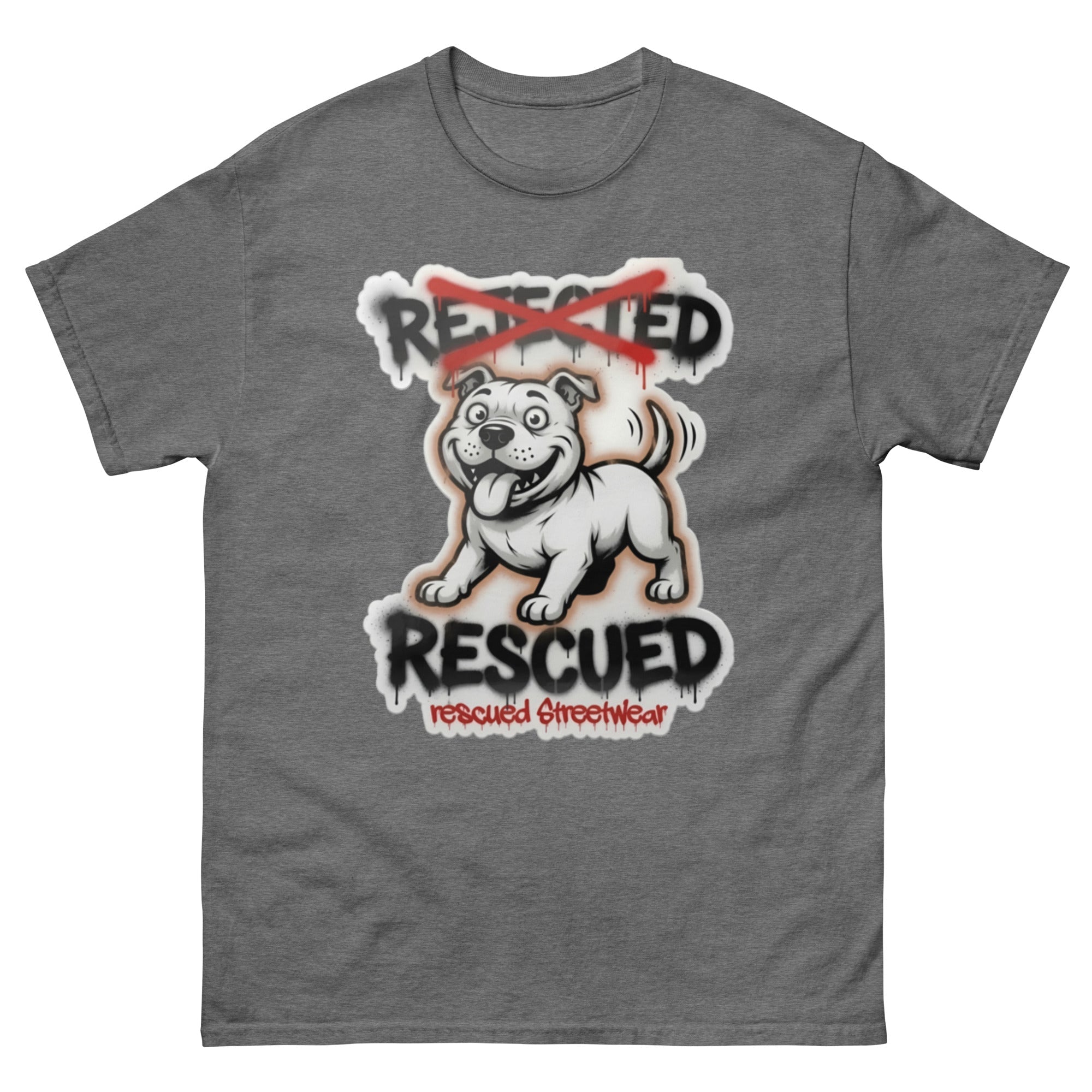 Rescued pit bull tee — white pit bull with REJECTED crossed out in red and RESCUED sprayed underneath