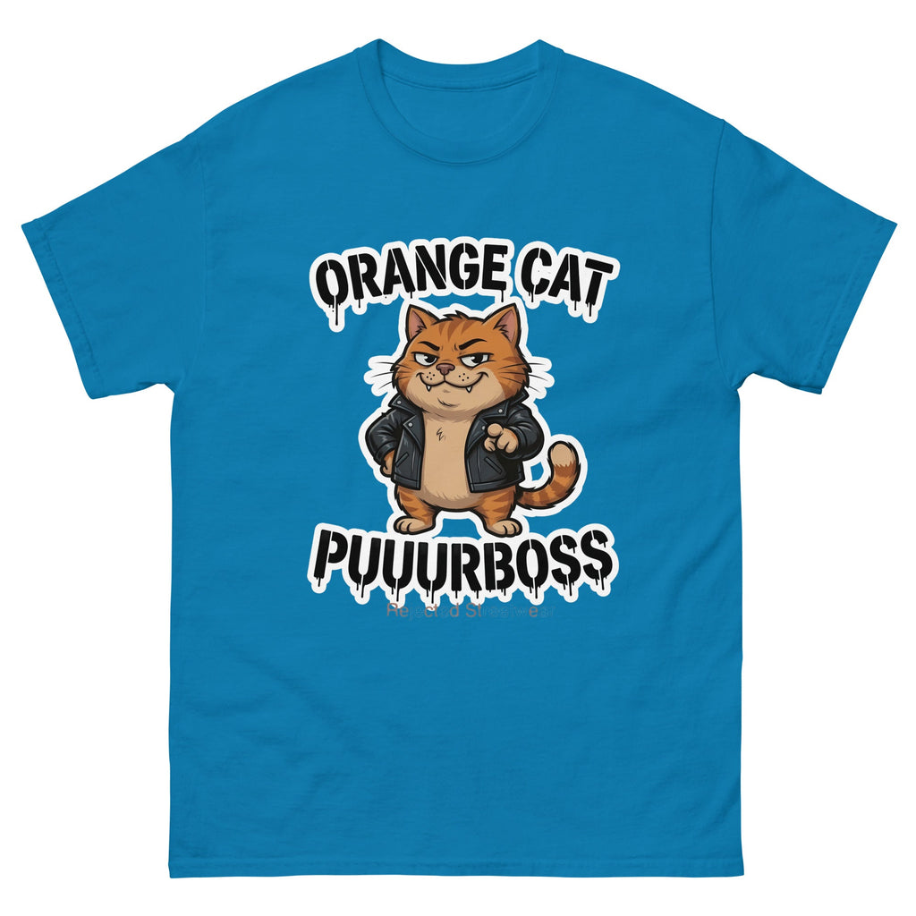 Purrboss orange cat tee — orange tabby in a leather jacket, arms crossed, under arched graffiti lettering