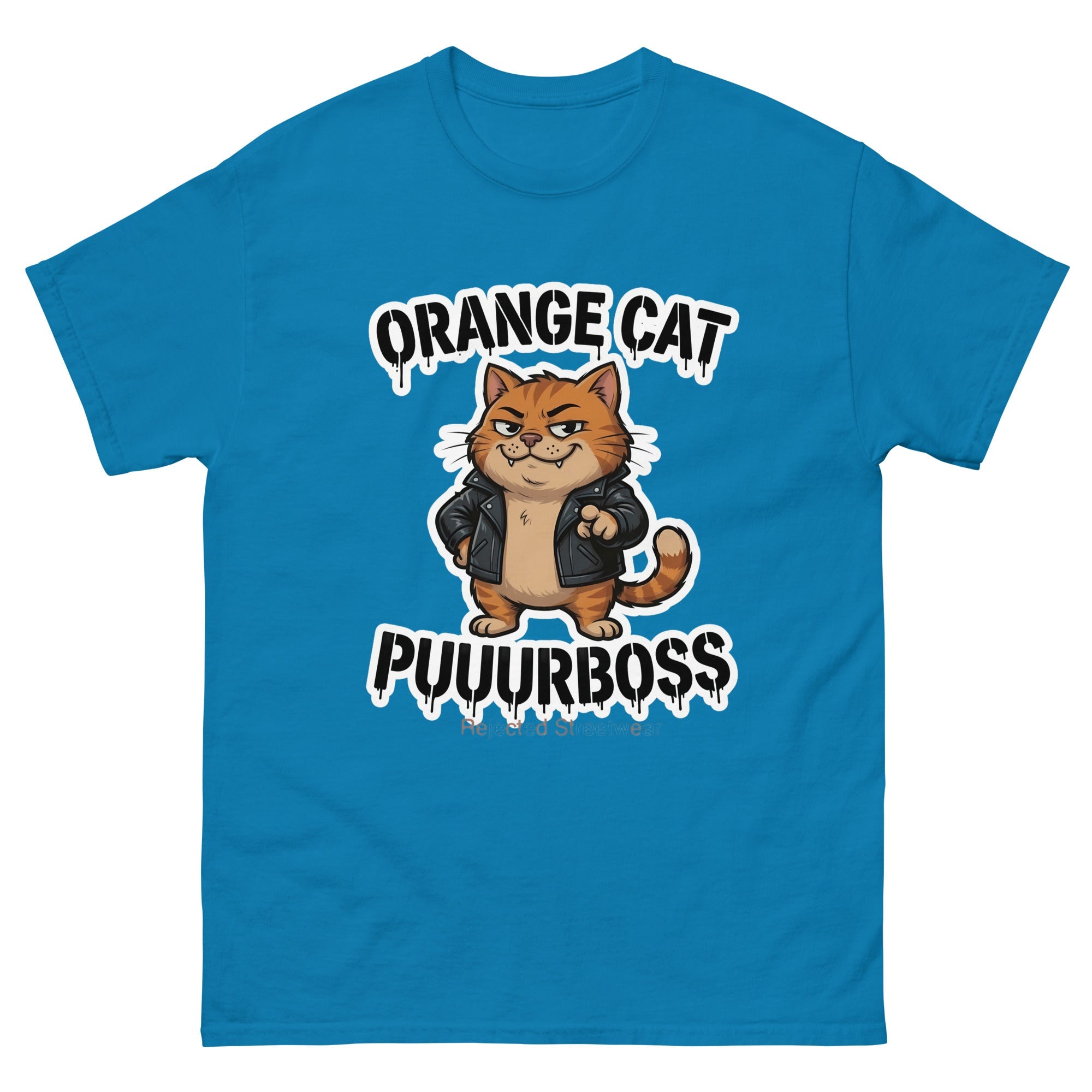 Purrboss orange cat tee — orange tabby in a leather jacket, arms crossed, under arched graffiti lettering
