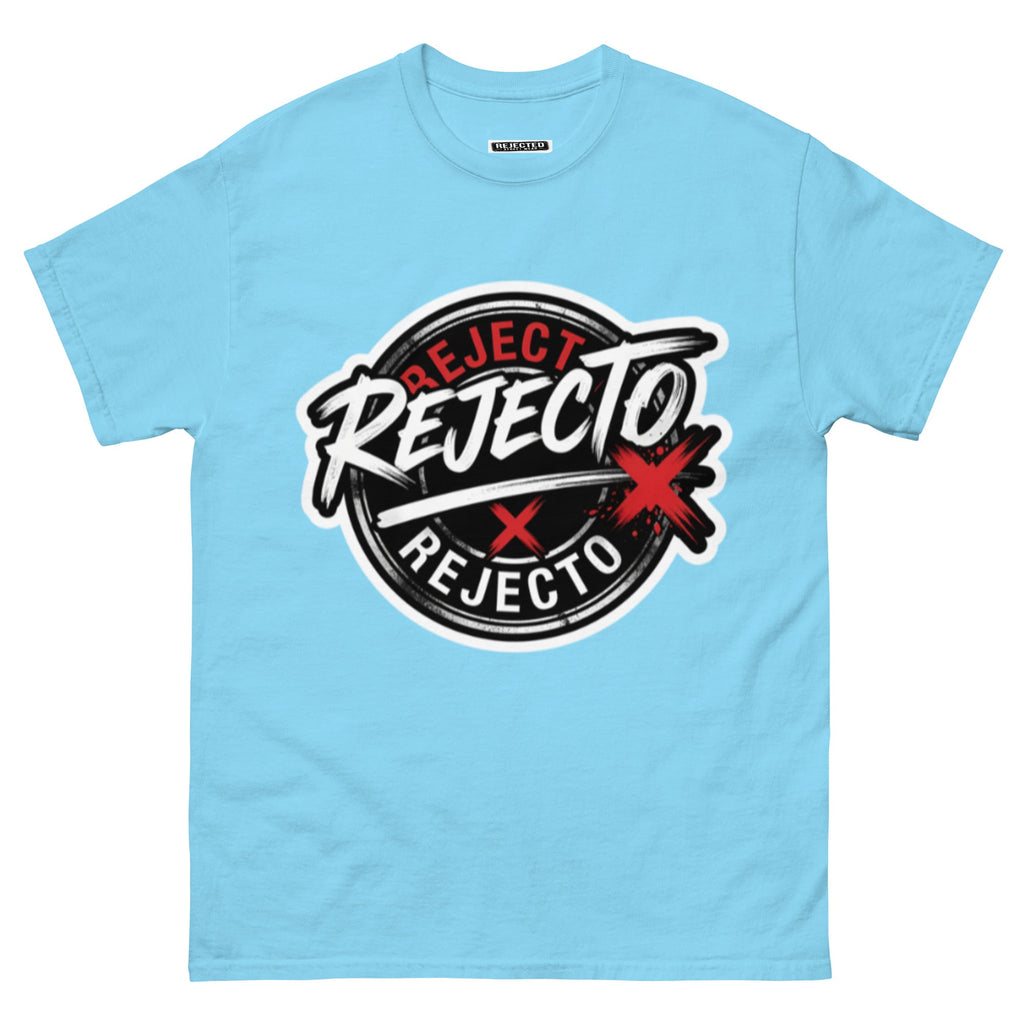 Rejected Street Wear emblem tee — black circle badge with white brush script and a red X slash