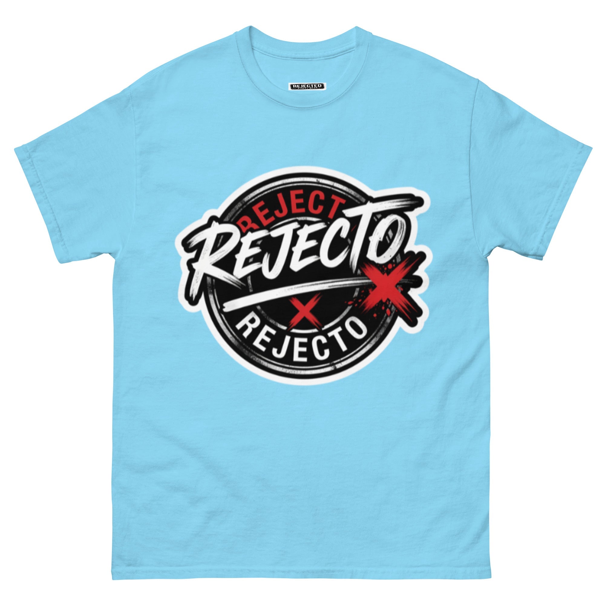 Rejected Street Wear emblem tee — black circle badge with white brush script and a red X slash
