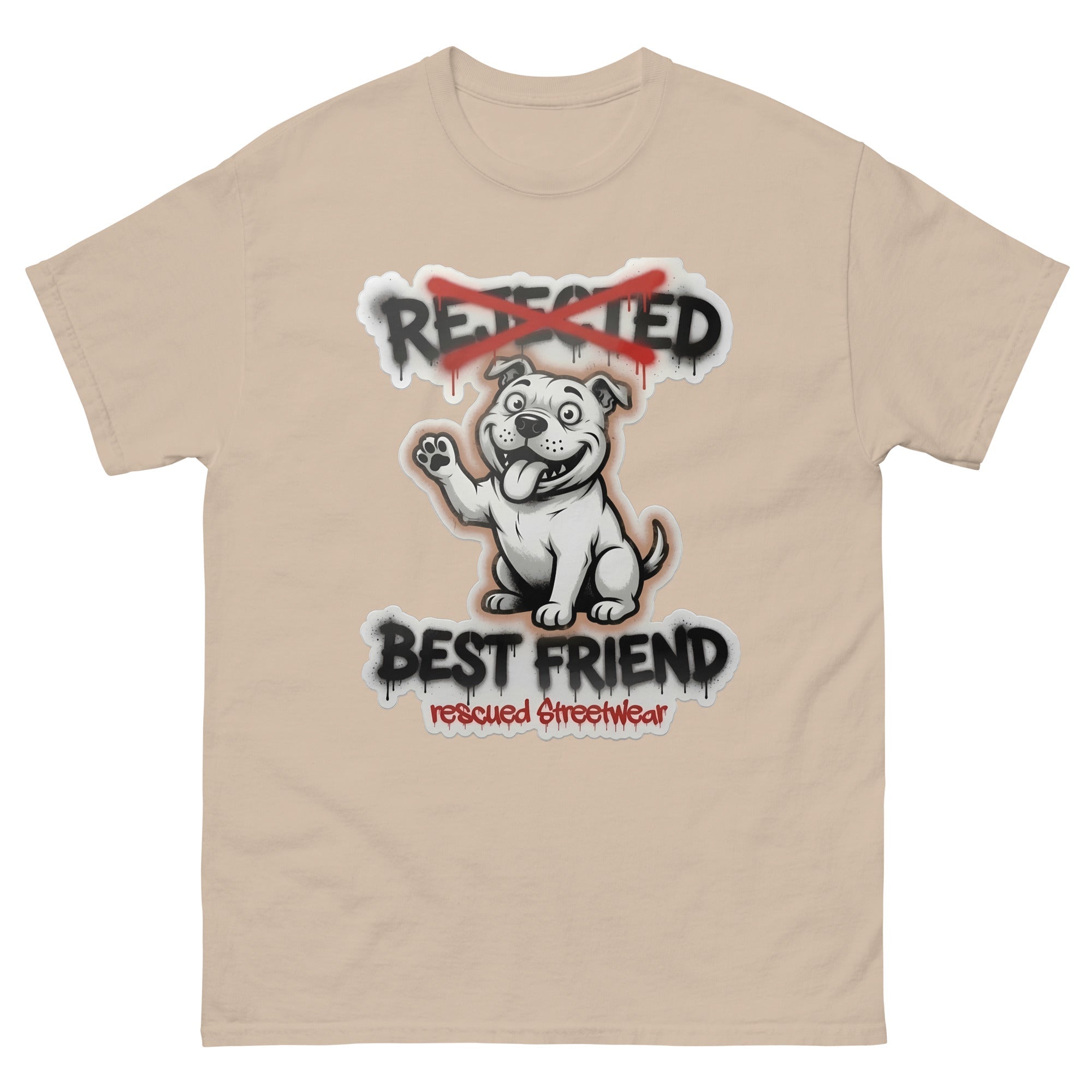 Best Friend pit bull tee — white bully pup waving a paw with REJECTED crossed out in red and BEST FRIEND sprayed below