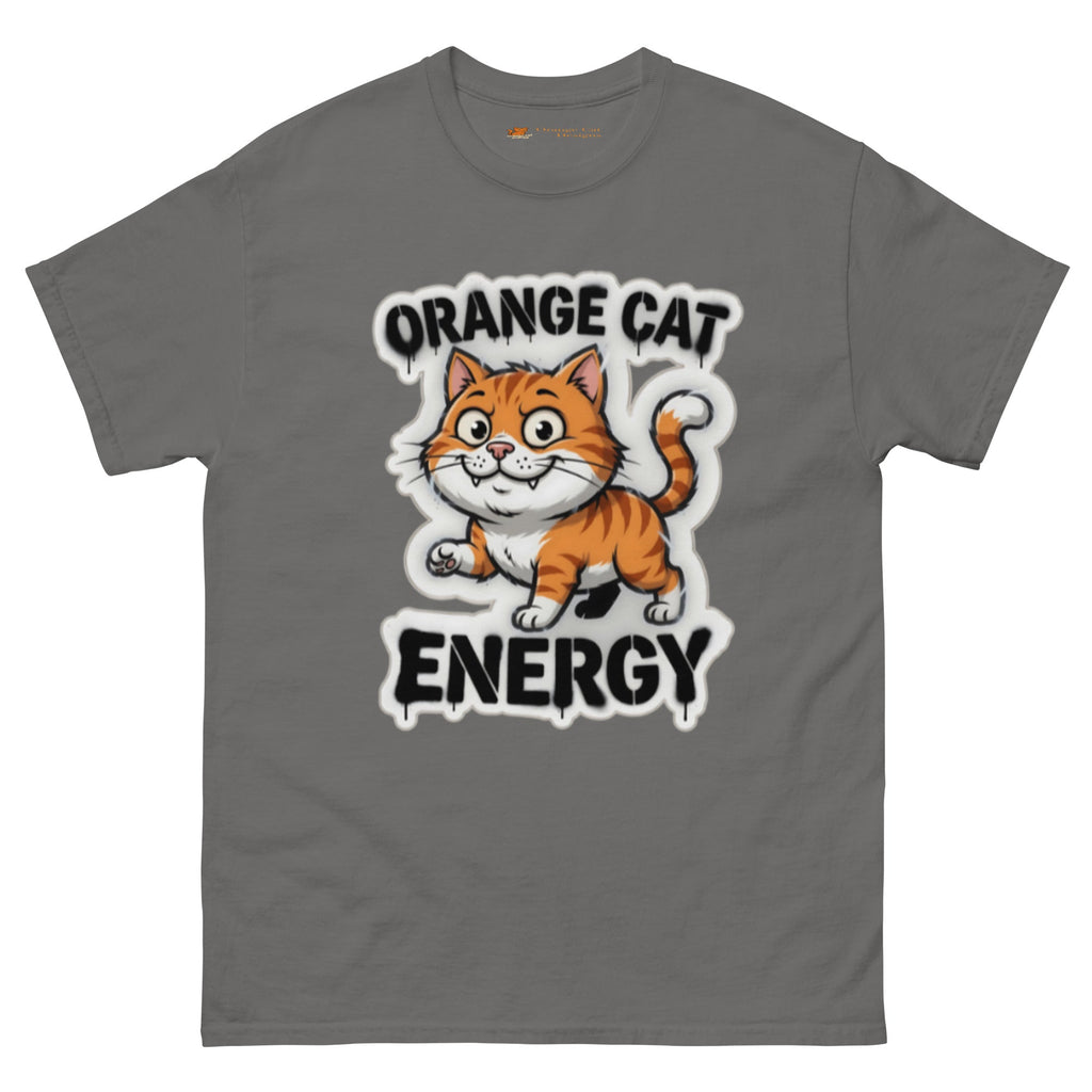Orange Cat Energy tee — wide-eyed orange tabby mid-launch under drippy graffiti lettering