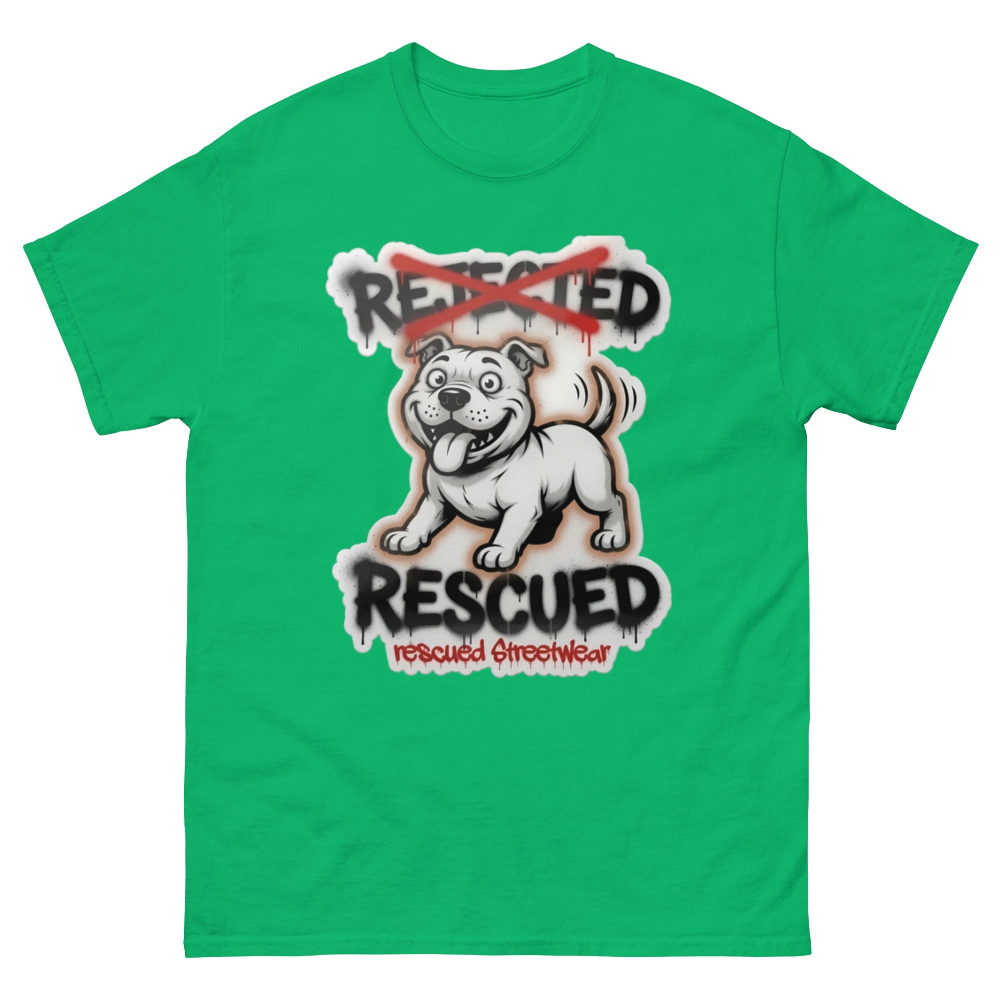 Rescued pit bull tee — white pit bull with REJECTED crossed out in red and RESCUED sprayed underneath