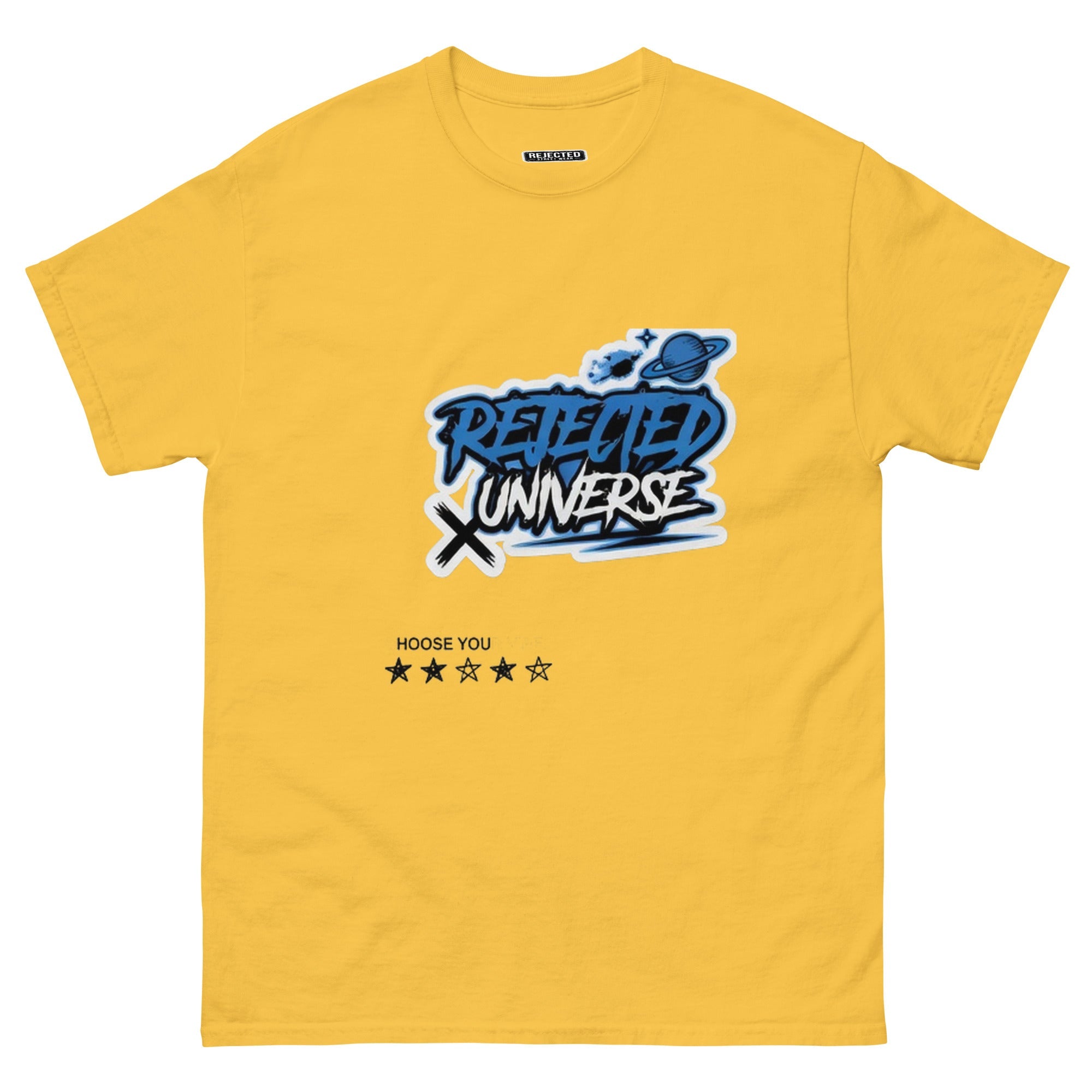 Rejected Universe logo tee in blue — graffiti tag with a planet and trailing stars