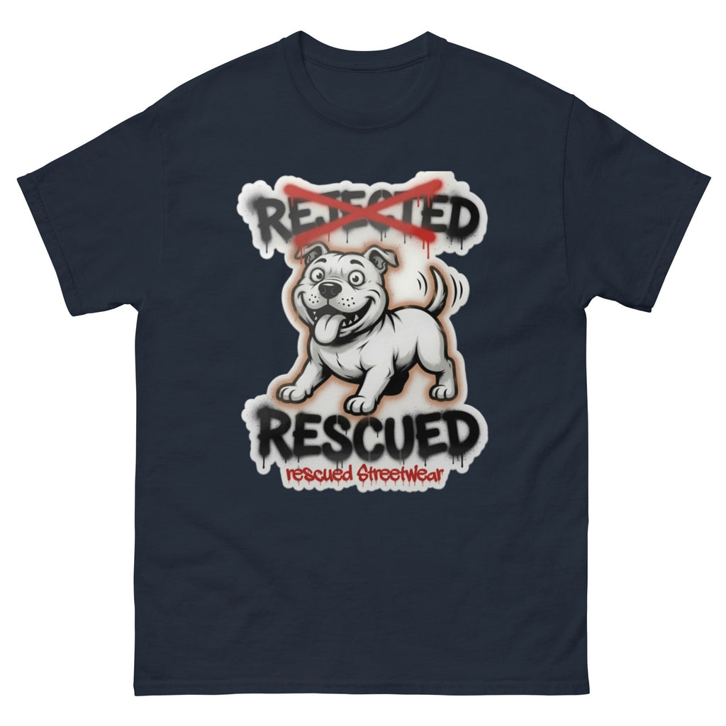 Rescued pit bull tee — white pit bull with REJECTED crossed out in red and RESCUED sprayed underneath