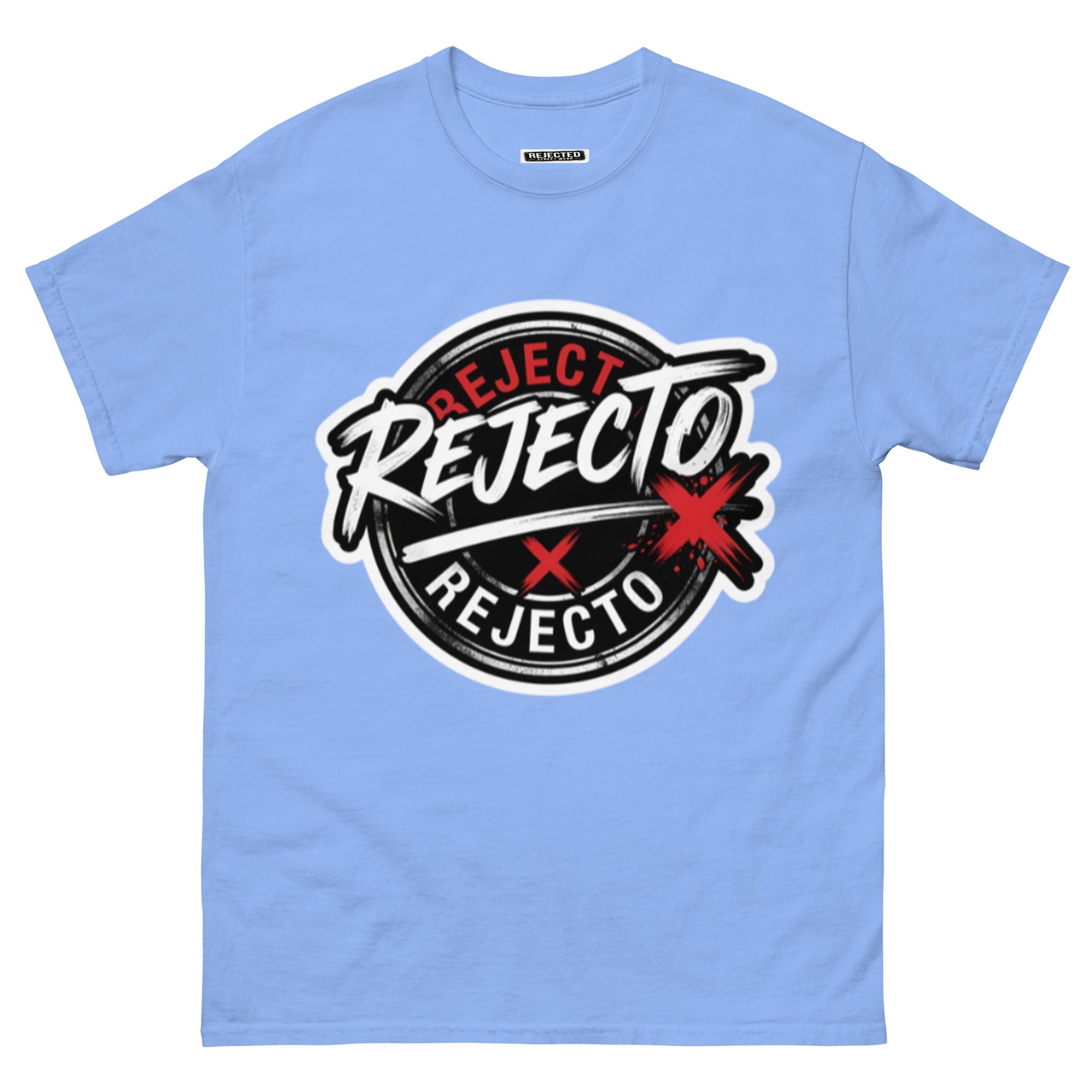 Rejected Street Wear emblem tee — black circle badge with white brush script and a red X slash