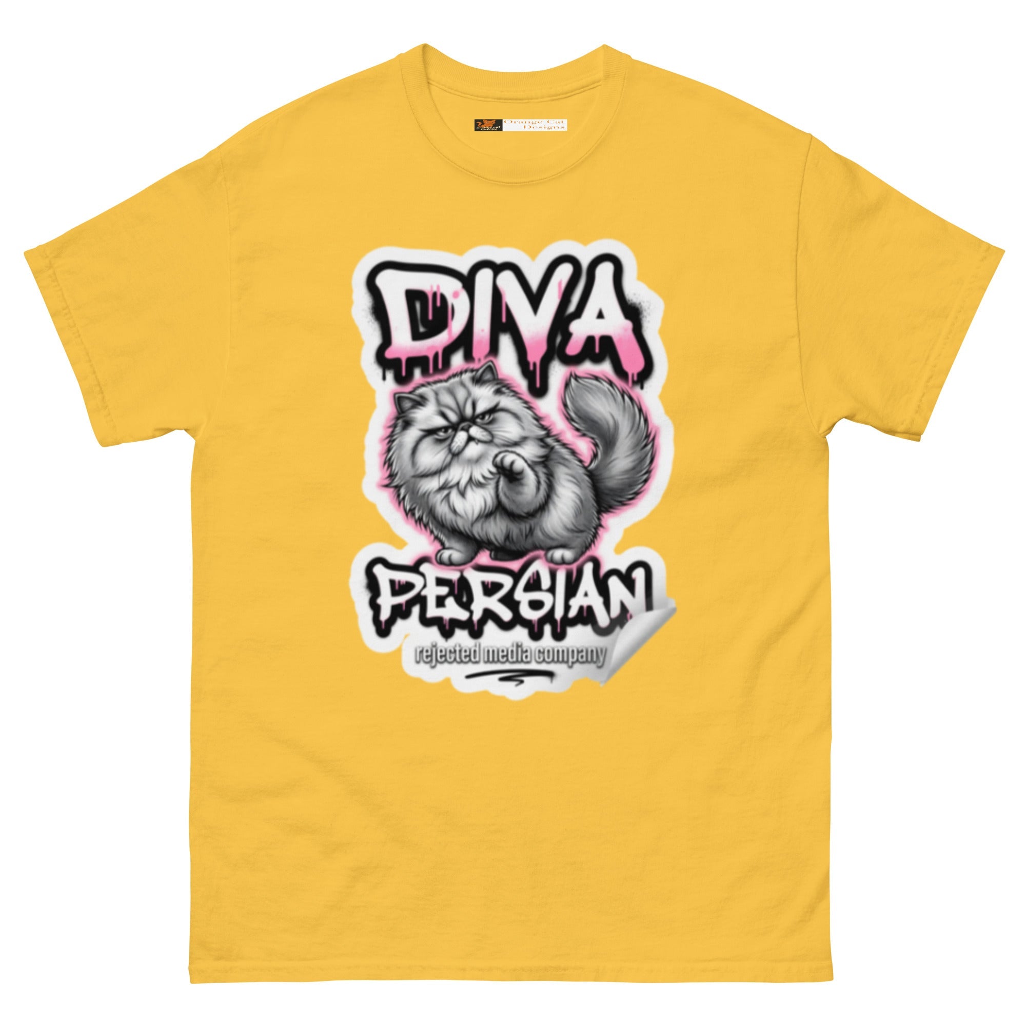 Diva Persian cat tee — fluffed-out Persian cat with an unimpressed face under pink graffiti drip lettering