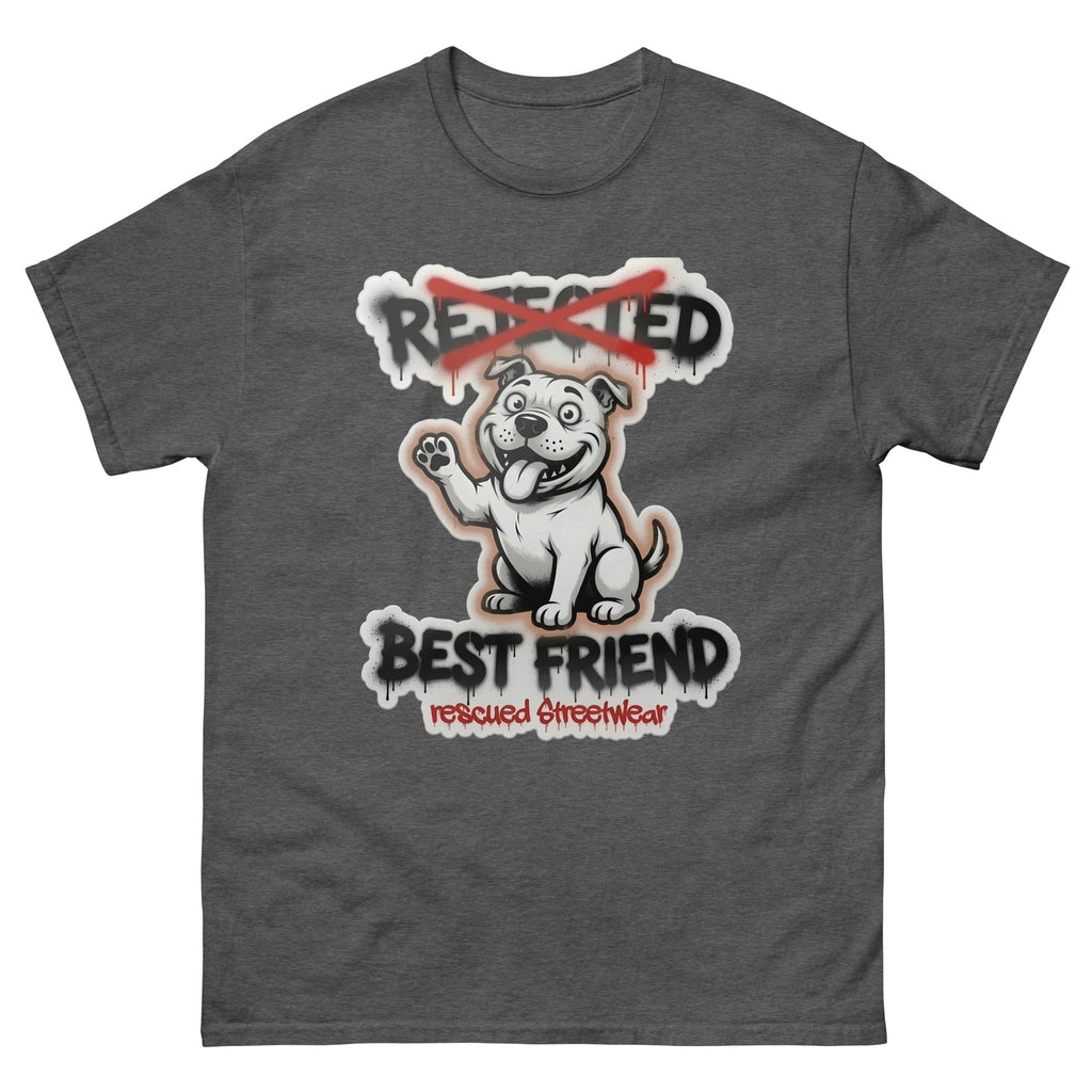 Best Friend pit bull tee — white bully pup waving a paw with REJECTED crossed out in red and BEST FRIEND sprayed below