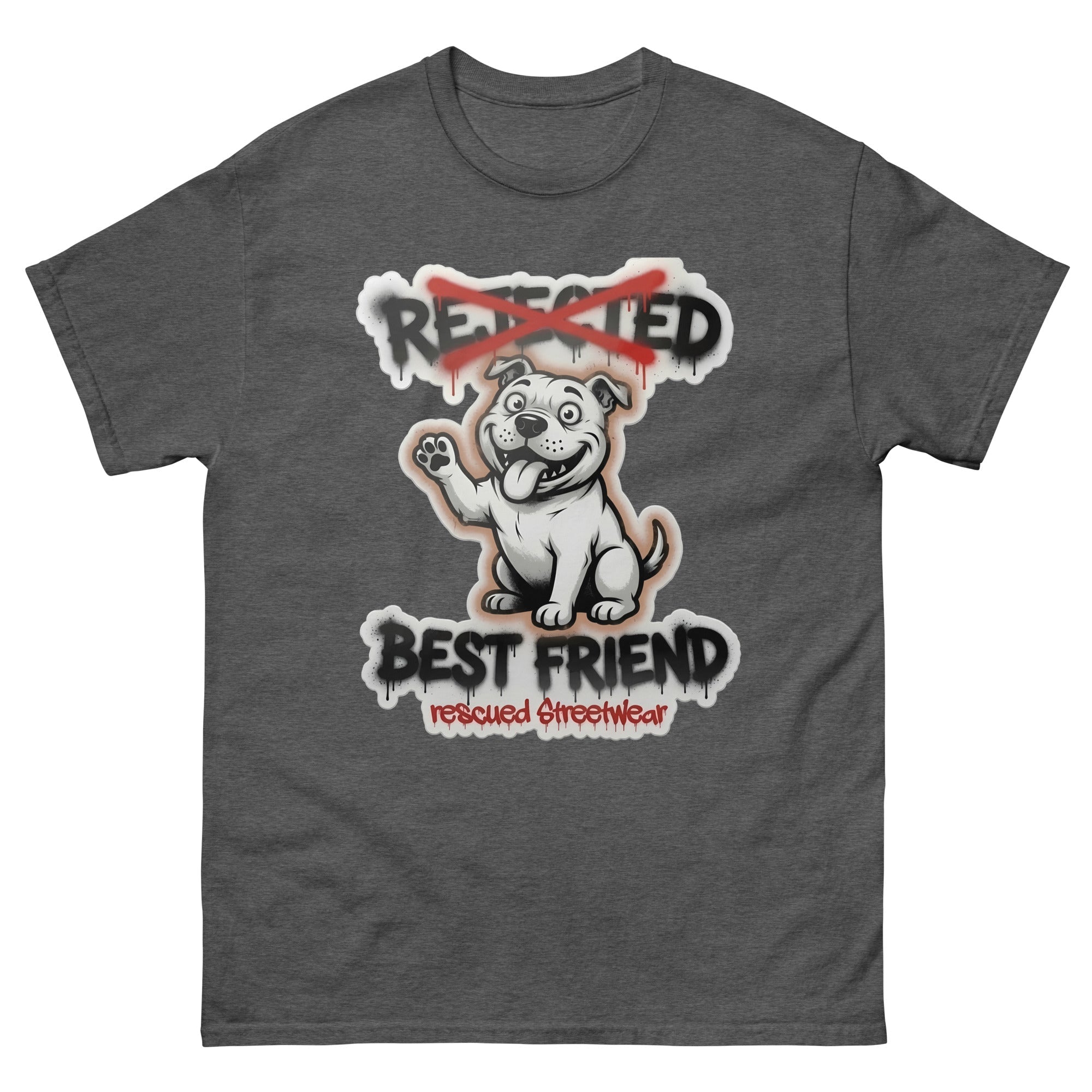 Best Friend pit bull tee — white bully pup waving a paw with REJECTED crossed out in red and BEST FRIEND sprayed below