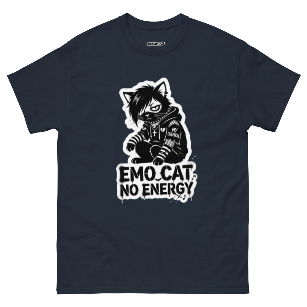Emo Cat No Energy tee — grey cat with side-swept bangs and a patched hoodie under spray-paint lettering