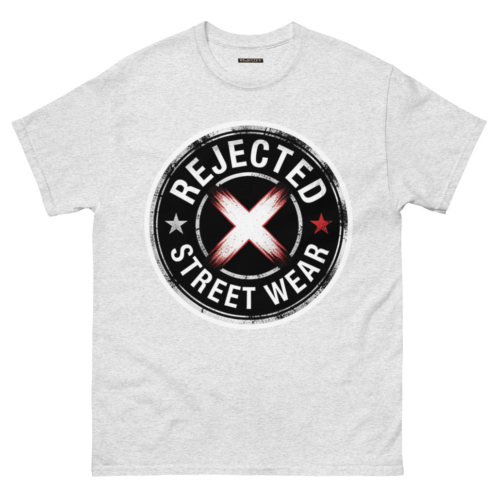 Rejected Street Wear barbed wire seal tee — distressed circular badge with REJECTED arched over a red and white brushed X