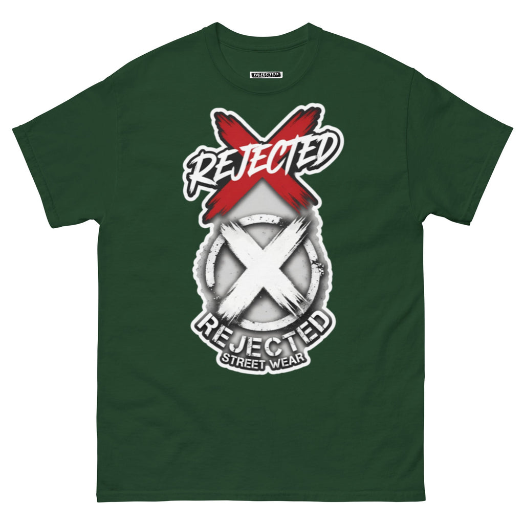 Reject Labels Be Human tee — REJECTED crossed out in red above the X emblem with the word Human underneath