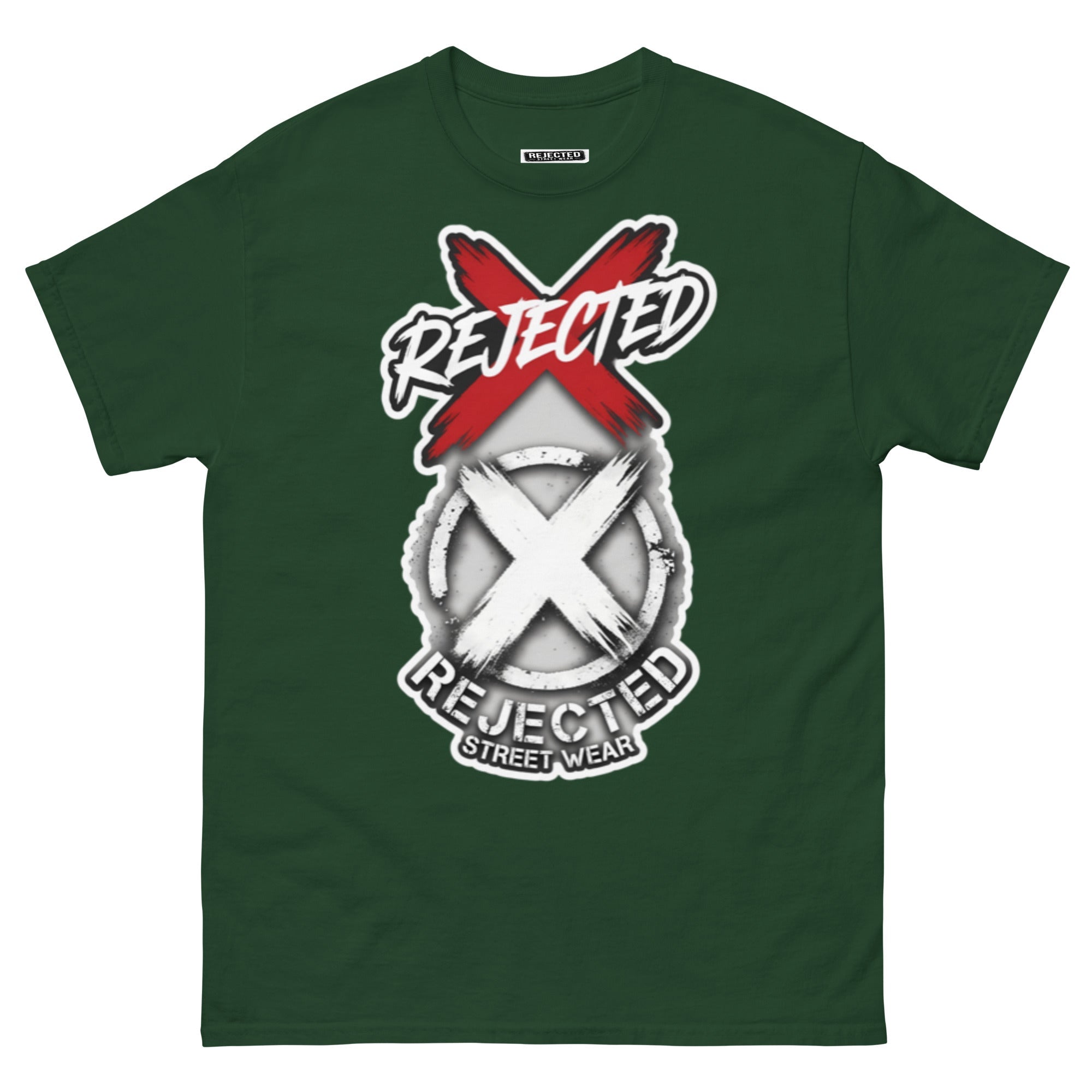 Reject Labels Be Human tee — REJECTED crossed out in red above the X emblem with the word Human underneath