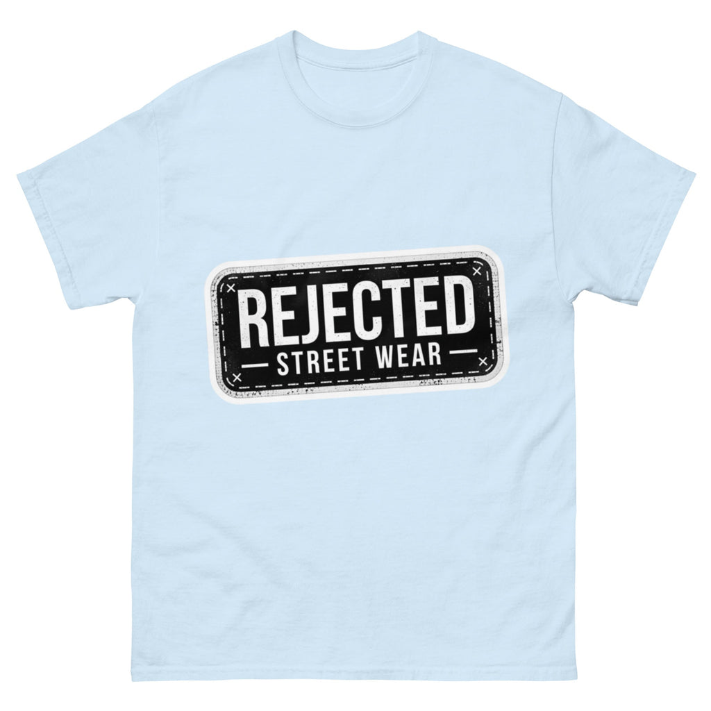 Rejected Street Wear plate logo tee — stamped black plate with a dashed border, corner x marks and REJECTED STREET WEAR inside