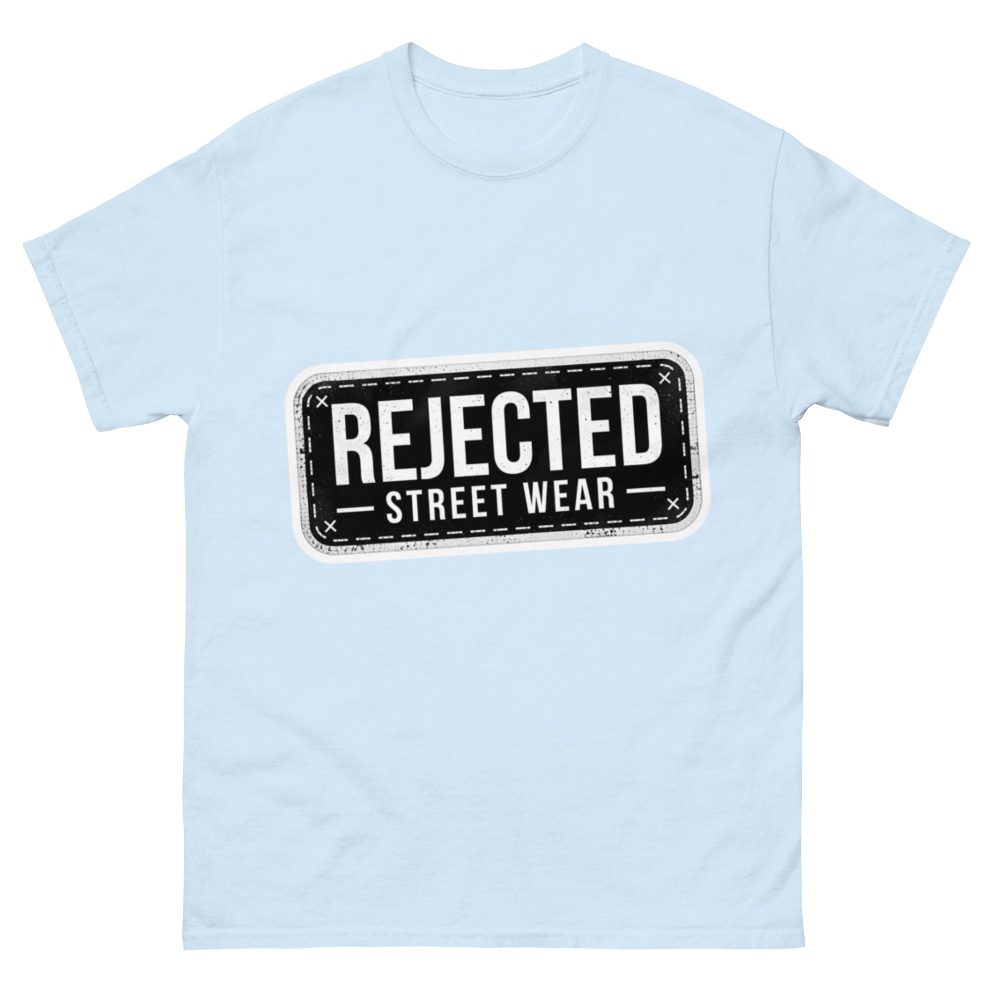 Rejected Street Wear plate logo tee — stamped black plate with a dashed border, corner x marks and REJECTED STREET WEAR inside