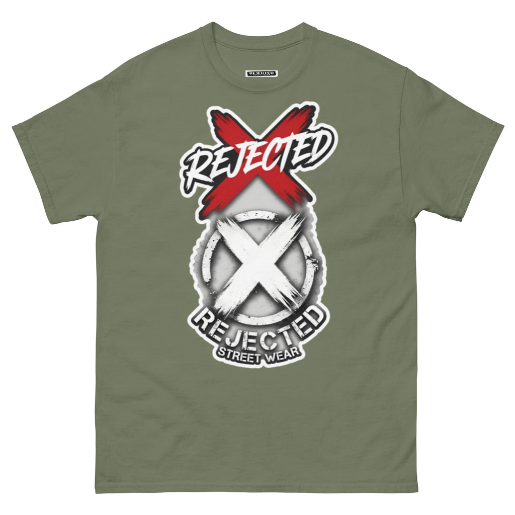 Reject Labels Be Human tee — REJECTED crossed out in red above the X emblem with the word Human underneath