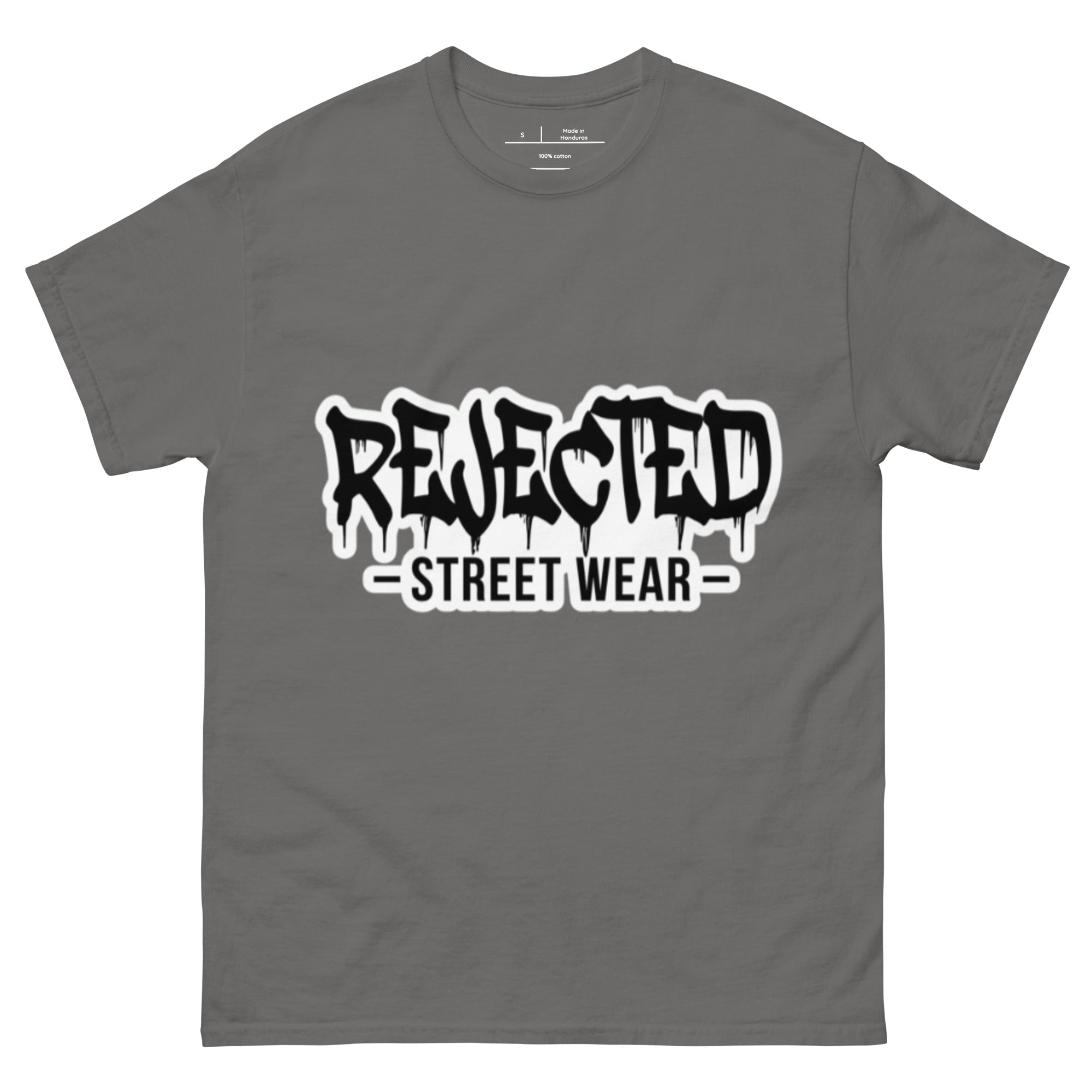 Rejected Street Wear drip logo tee — REJECTED in heavy graffiti letters with STREET WEAR set underneath