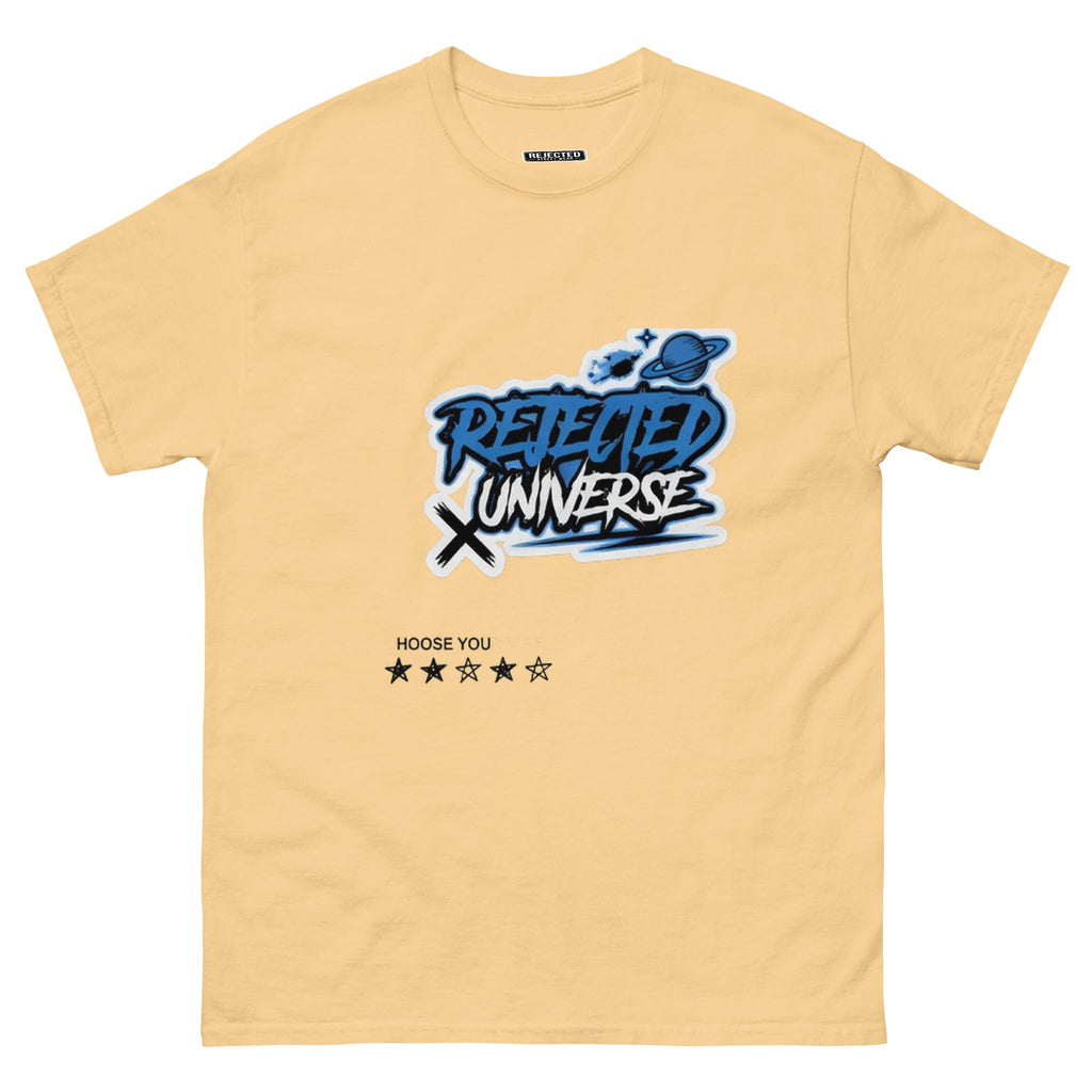 Rejected Universe logo tee in blue — graffiti tag with a planet and trailing stars
