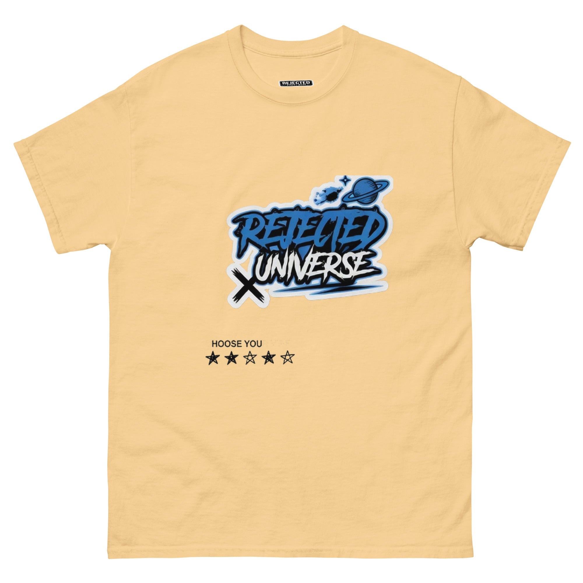 Rejected Universe logo tee in blue — graffiti tag with a planet and trailing stars