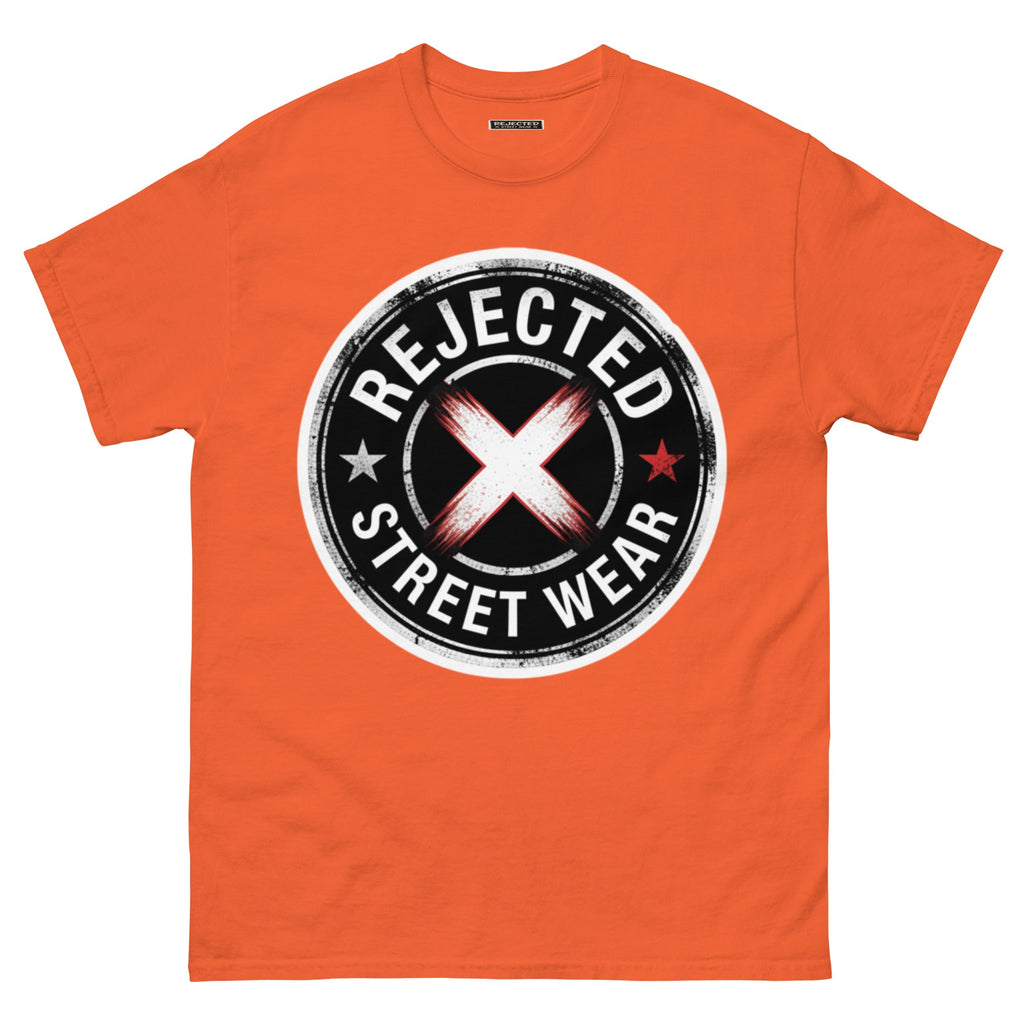 Rejected Street Wear barbed wire seal tee — distressed circular badge with REJECTED arched over a red and white brushed X