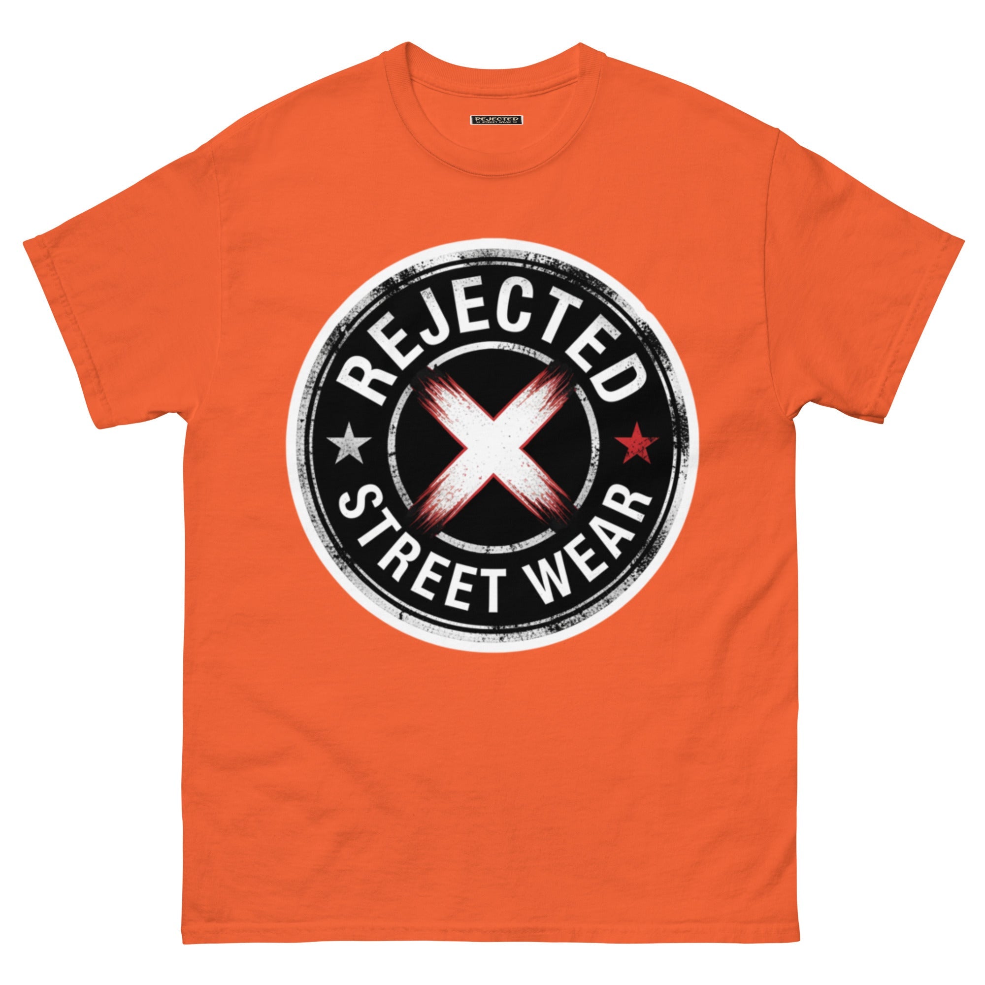 Rejected Street Wear barbed wire seal tee — distressed circular badge with REJECTED arched over a red and white brushed X