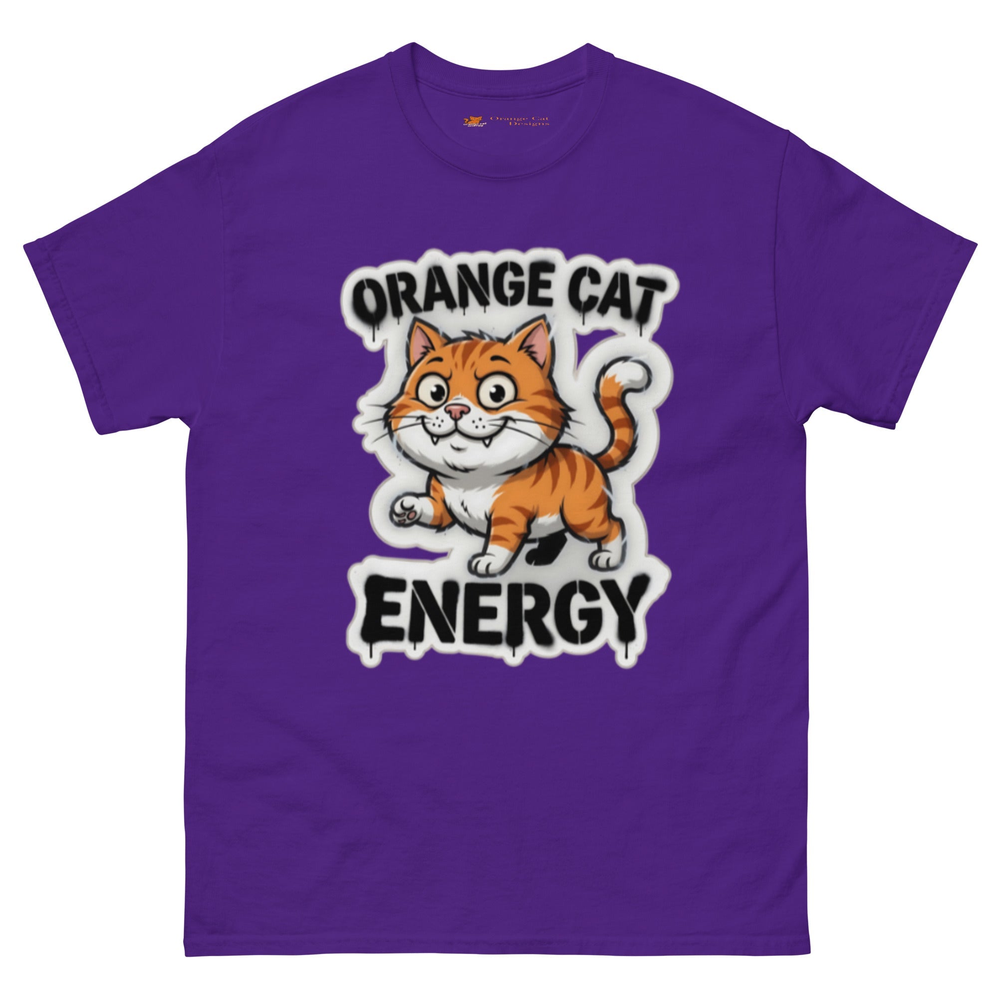 Orange Cat Energy tee — wide-eyed orange tabby mid-launch under drippy graffiti lettering