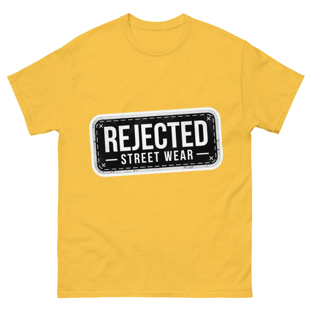 Rejected Street Wear plate logo tee — stamped black plate with a dashed border, corner x marks and REJECTED STREET WEAR inside