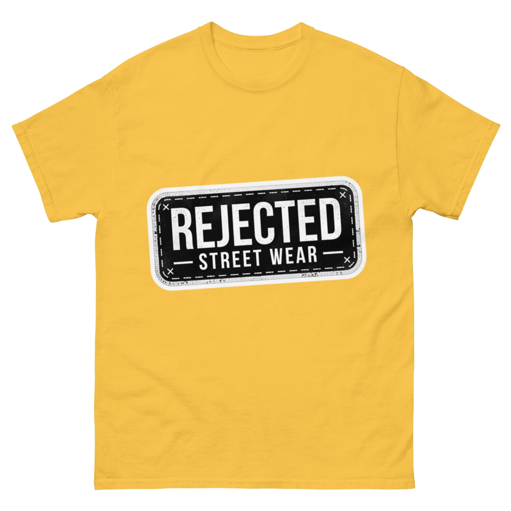 Rejected Street Wear plate logo tee — stamped black plate with a dashed border, corner x marks and REJECTED STREET WEAR inside