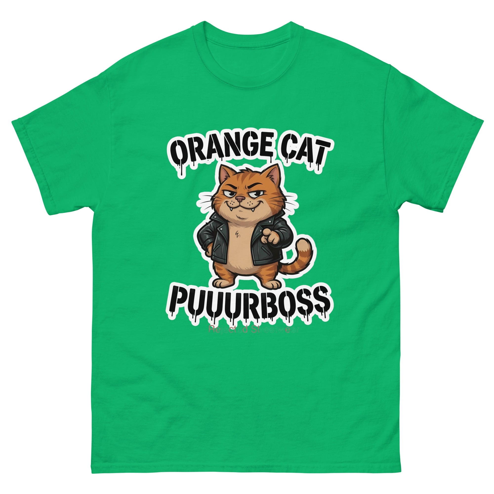 Purrboss orange cat tee — orange tabby in a leather jacket, arms crossed, under arched graffiti lettering