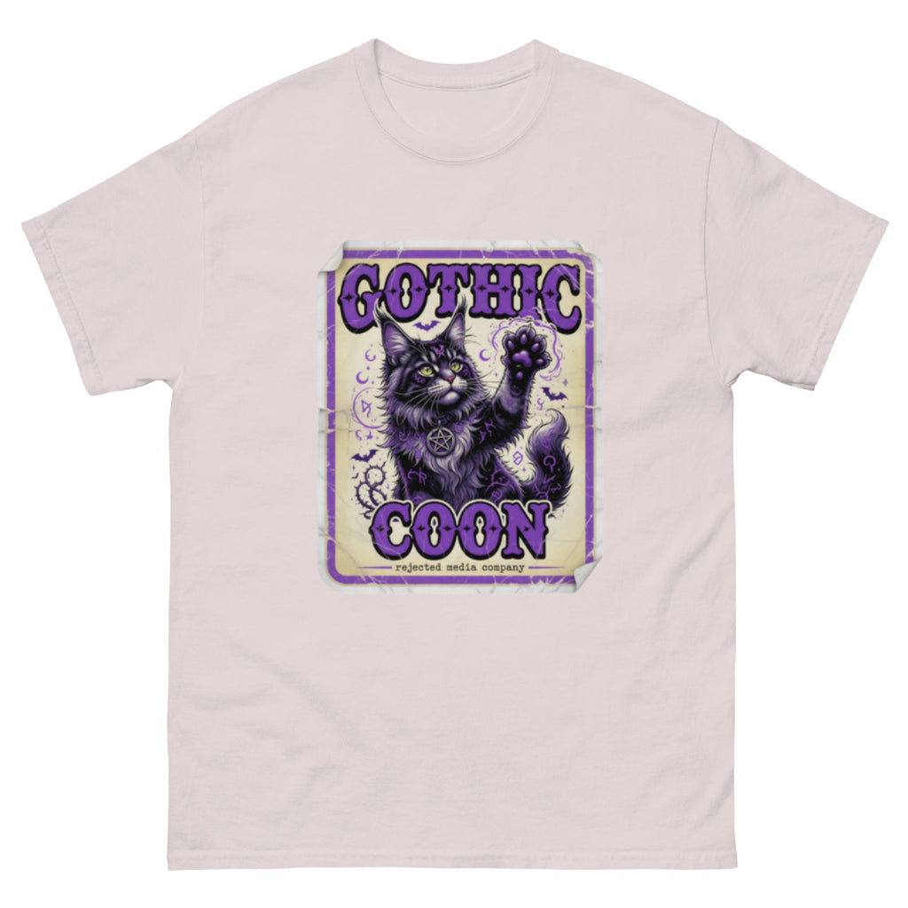 Gothic Coon tee — purple and black Maine Coon cat with a pentacle collar and one paw raised, vintage poster frame