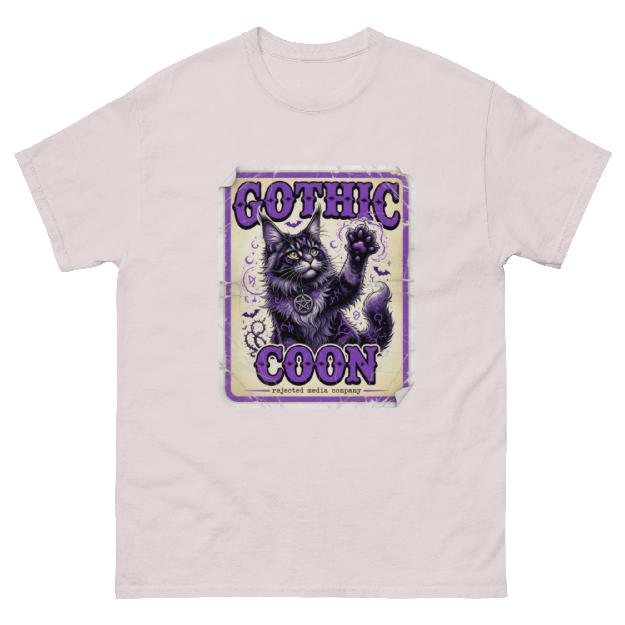 Gothic Coon tee — purple and black Maine Coon cat with a pentacle collar and one paw raised, vintage poster frame