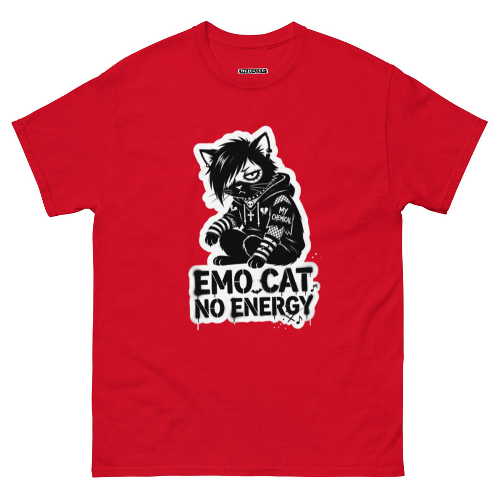 Emo Cat No Energy tee — grey cat with side-swept bangs and a patched hoodie under spray-paint lettering