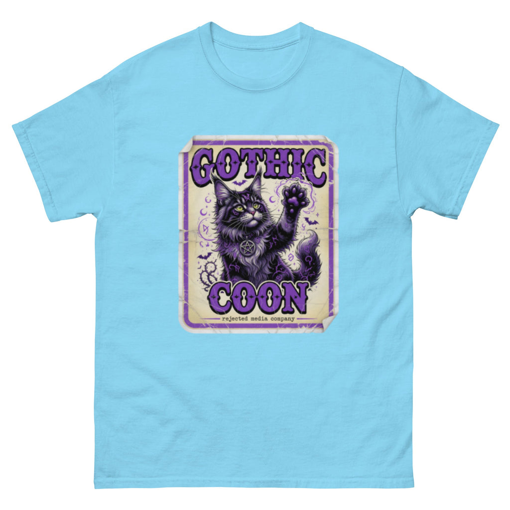 Gothic Coon tee — purple and black Maine Coon cat with a pentacle collar and one paw raised, vintage poster frame