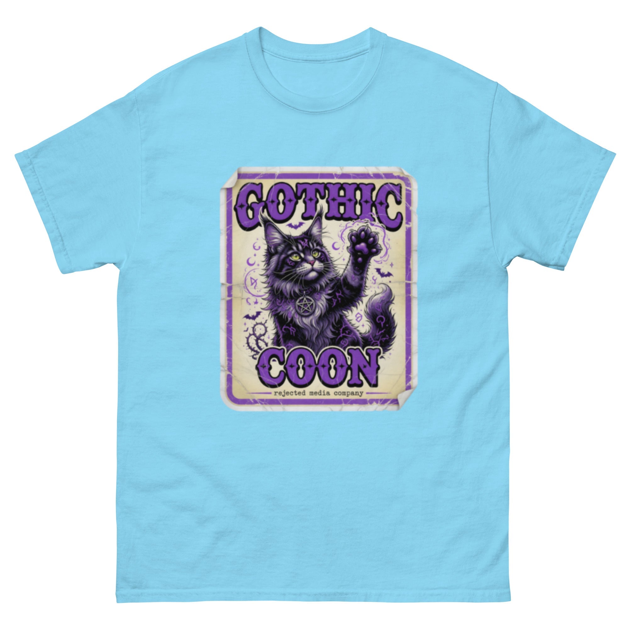 Gothic Coon tee — purple and black Maine Coon cat with a pentacle collar and one paw raised, vintage poster frame