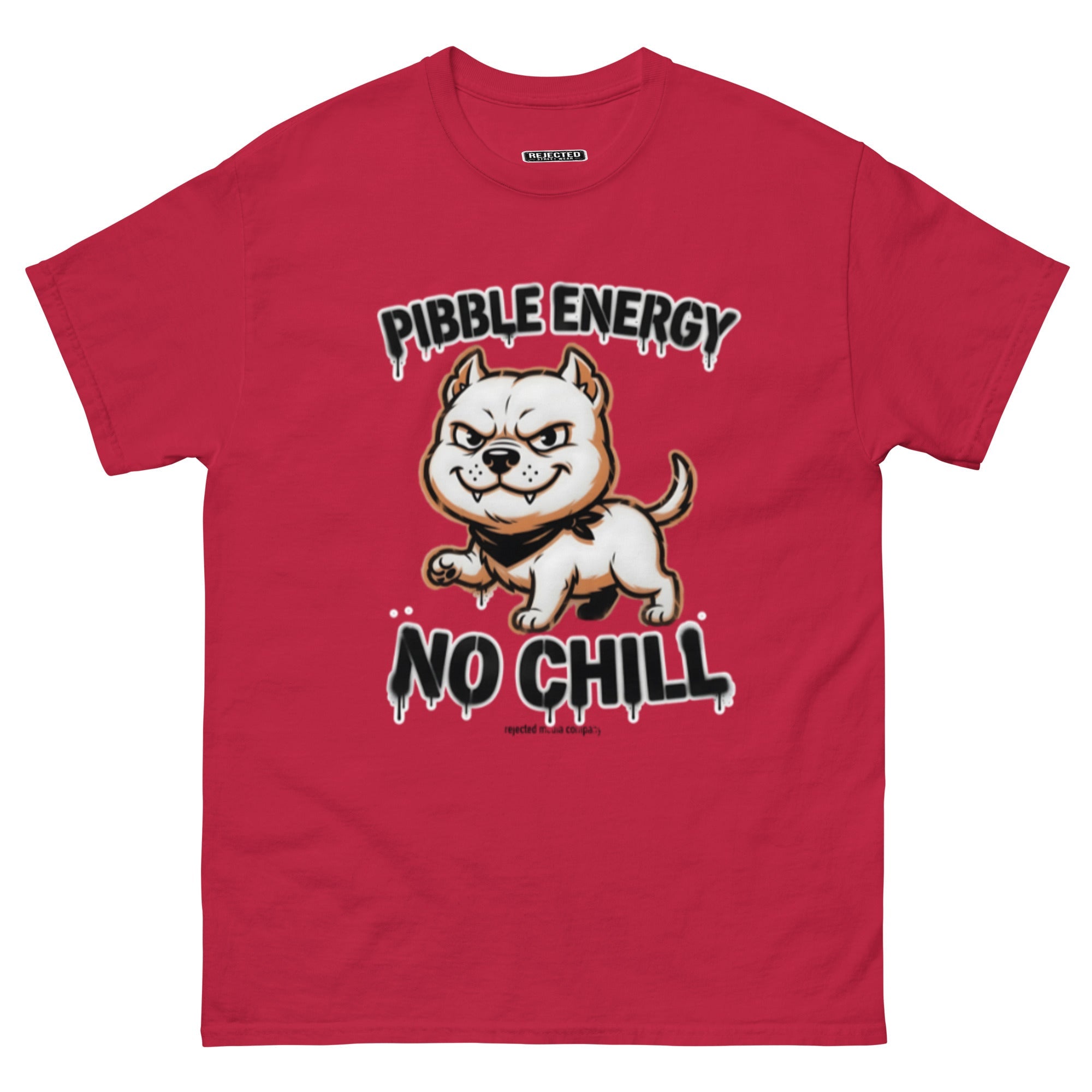 Pibble Energy No Chill tee — grinning bully pup at a dead sprint under graffiti lettering