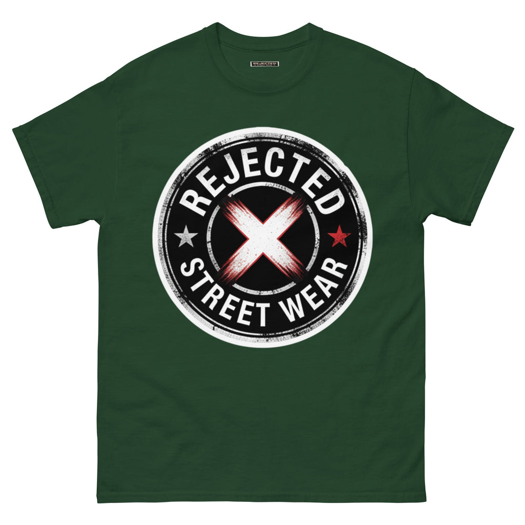 Rejected Street Wear barbed wire seal tee — distressed circular badge with REJECTED arched over a red and white brushed X