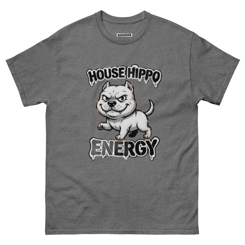 House Hippo Energy tee — stocky bully dog mid-stomp under drippy graffiti lettering