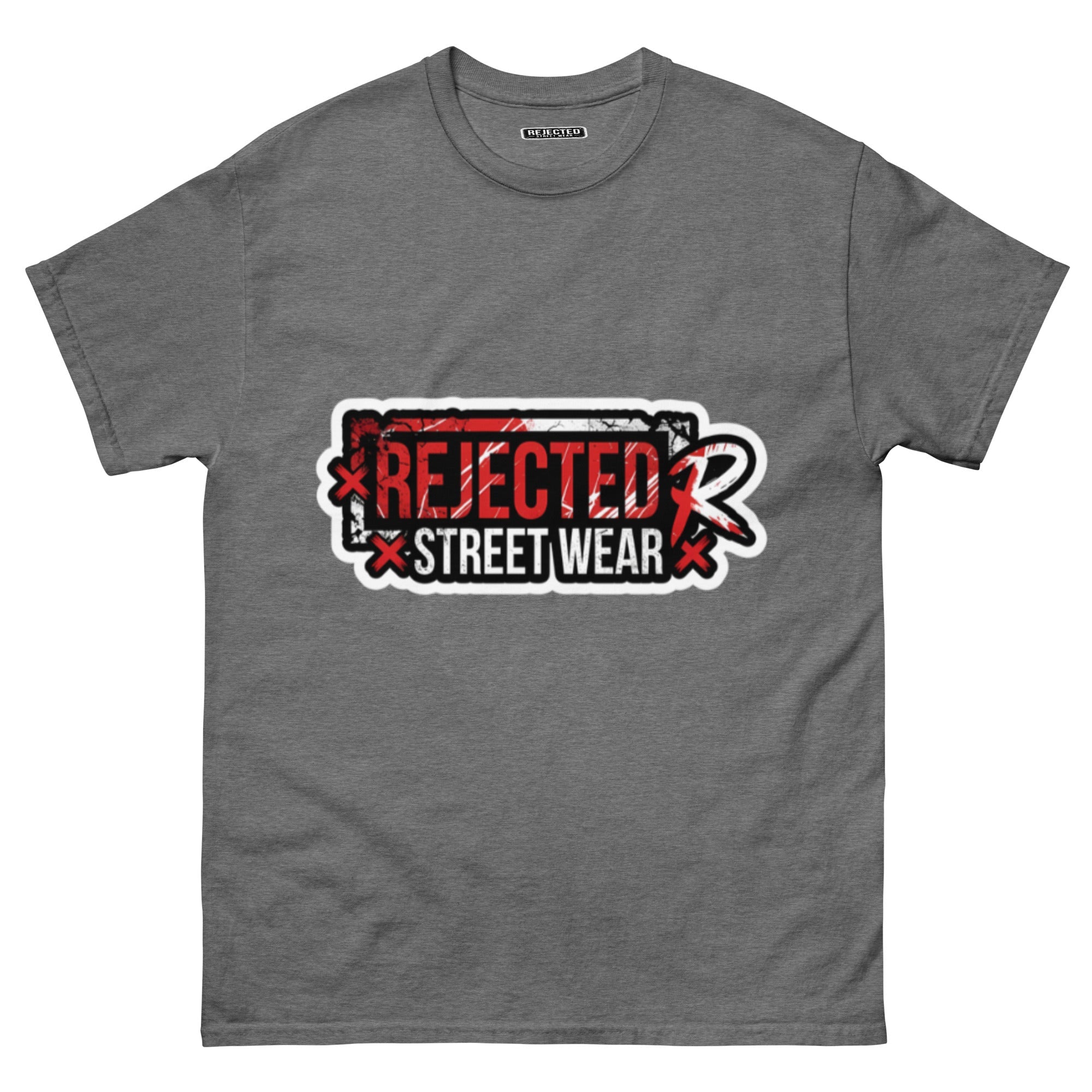 Rejected Street Wear red box logo tee — red-framed REJECTED STREET WEAR stamp with corner x marks and a red slash