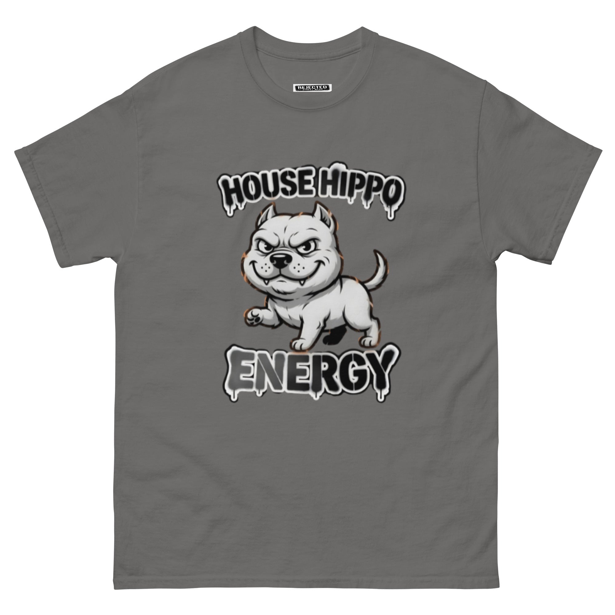 House Hippo Energy tee — stocky bully dog mid-stomp under drippy graffiti lettering